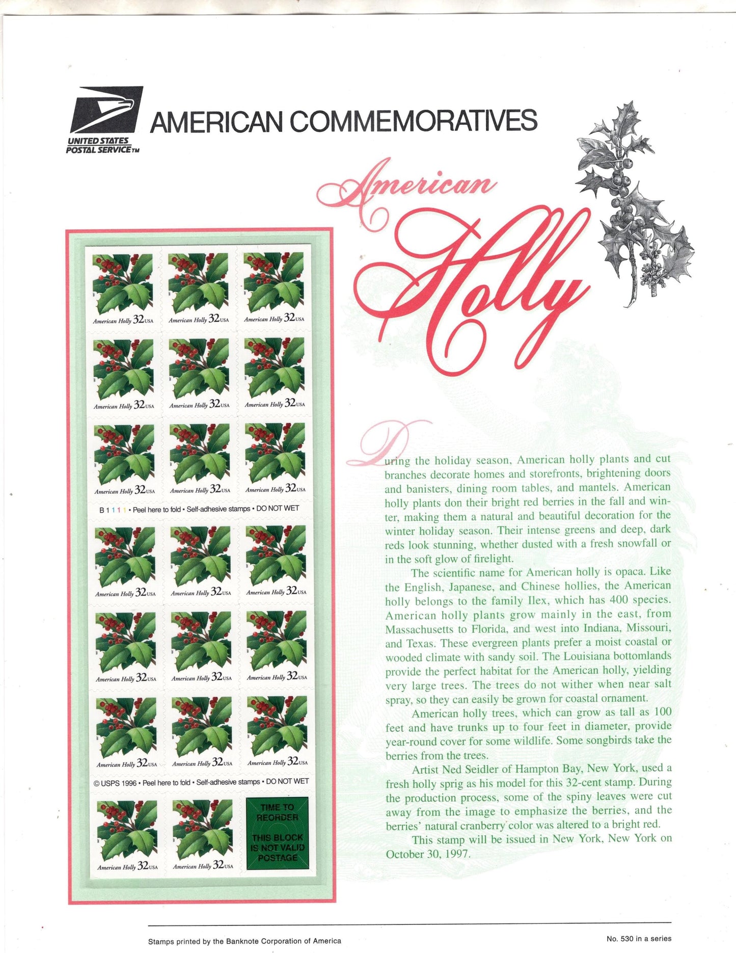 AMERICAN HOLLY CHRISTMAS Holidays Berries - Commemorative Panel w/Booklet of 20