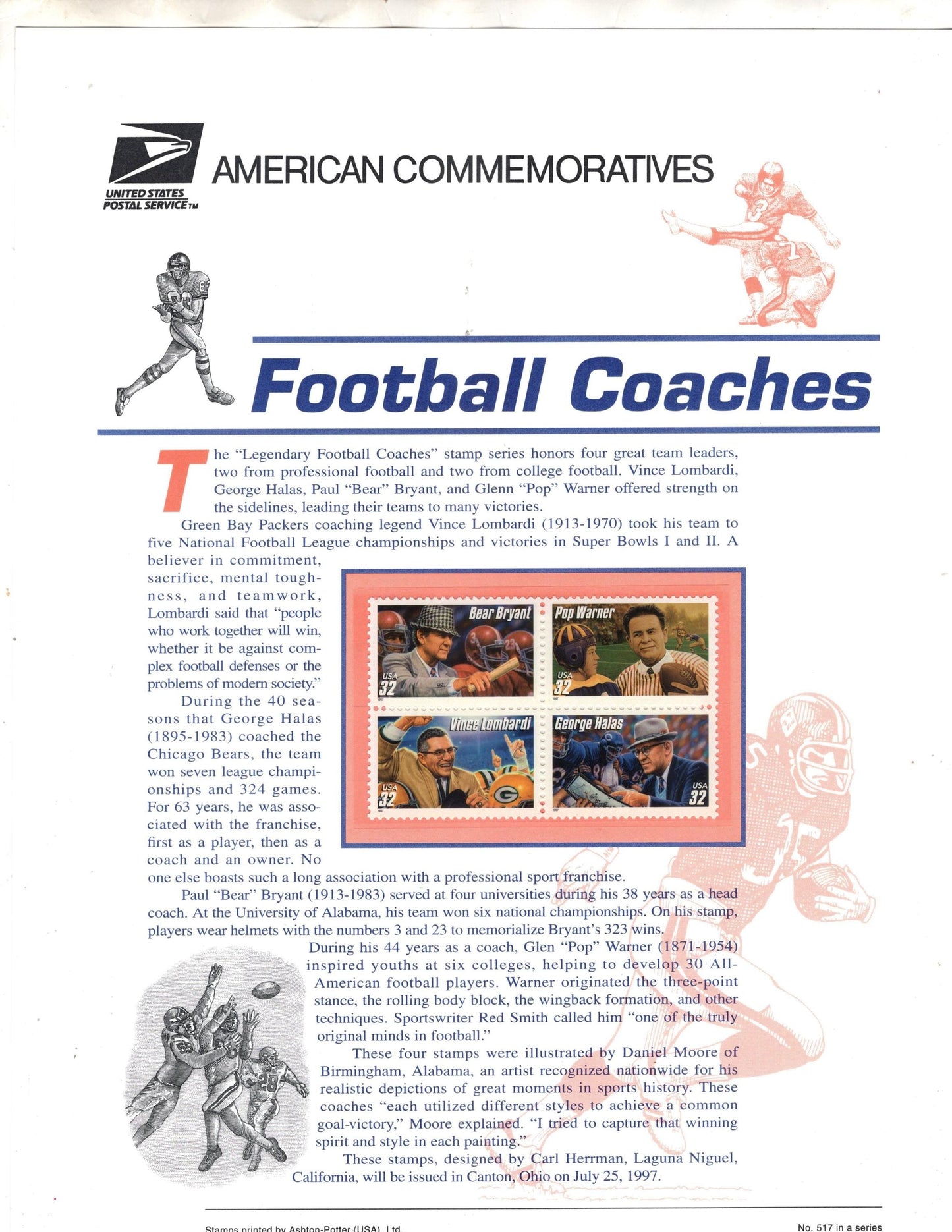 FOOTBALL COACHES LOMBARDI Bryant Halas Warner - Commemorative Panel w/ Block of 4