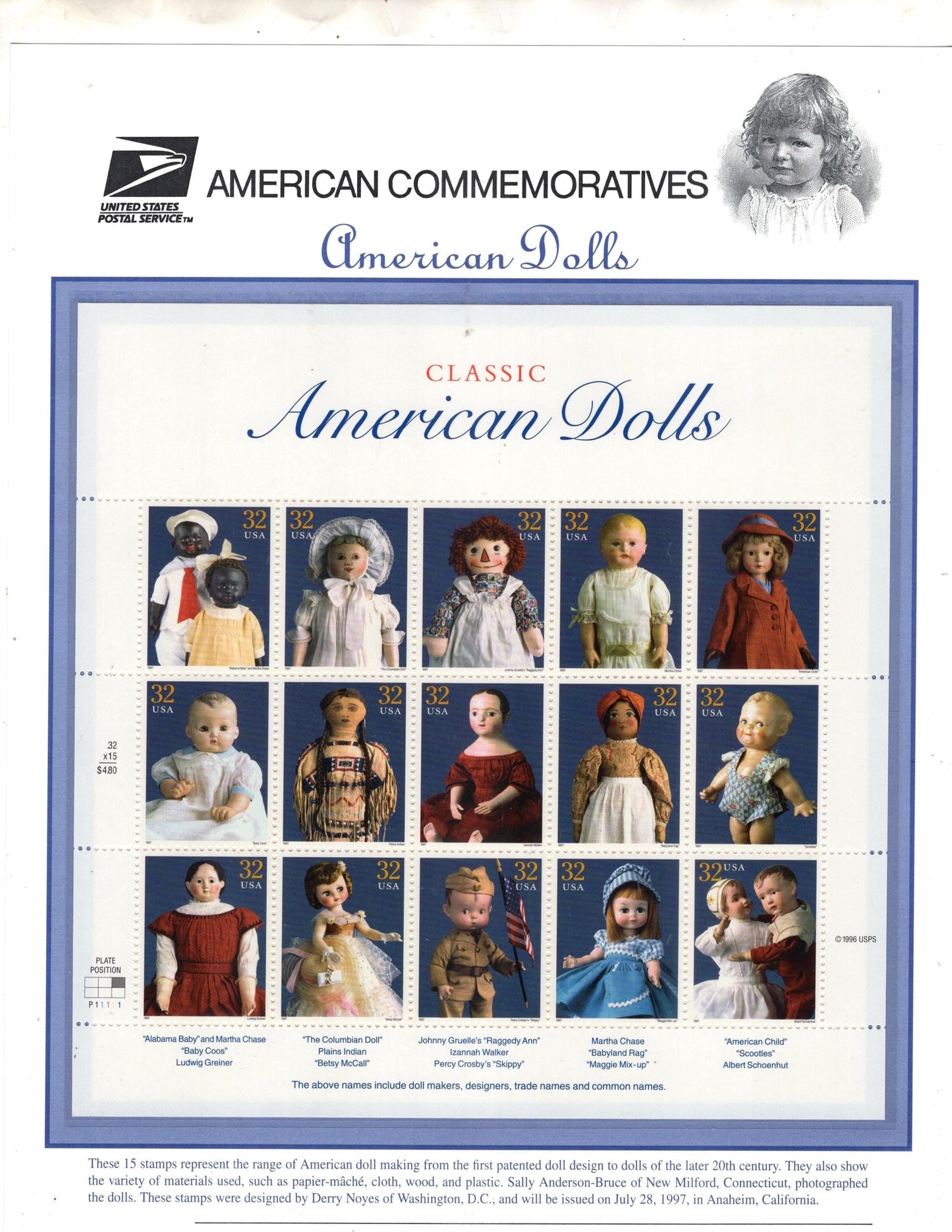 15 AMERICAN DOLLS inc Indian Black Raggedy Ann - Commemorative Panel w/Sheet of 15