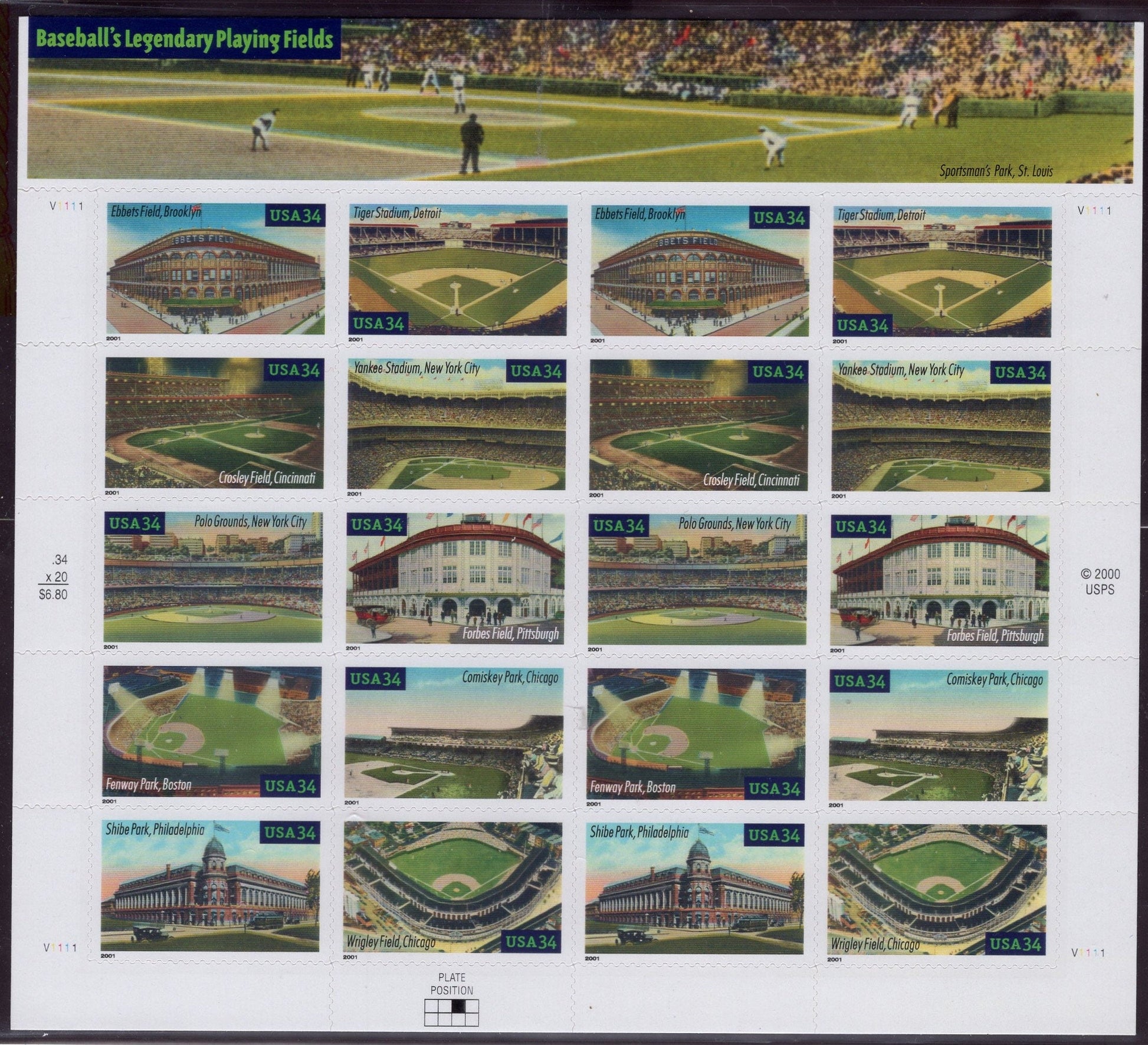 20 BASEBALL LEGENDARY STADIUMS Ball Parks Playing Fields Sheet with Back