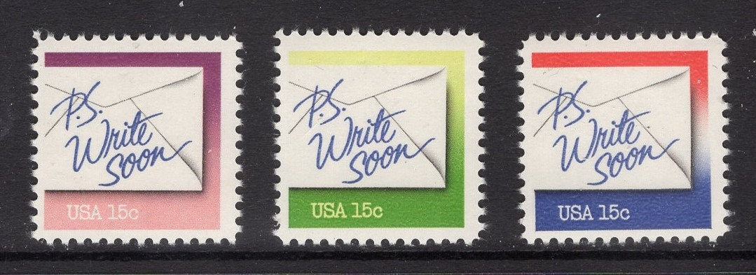 10 P.S. WRITE SOON (red green purple) Letter