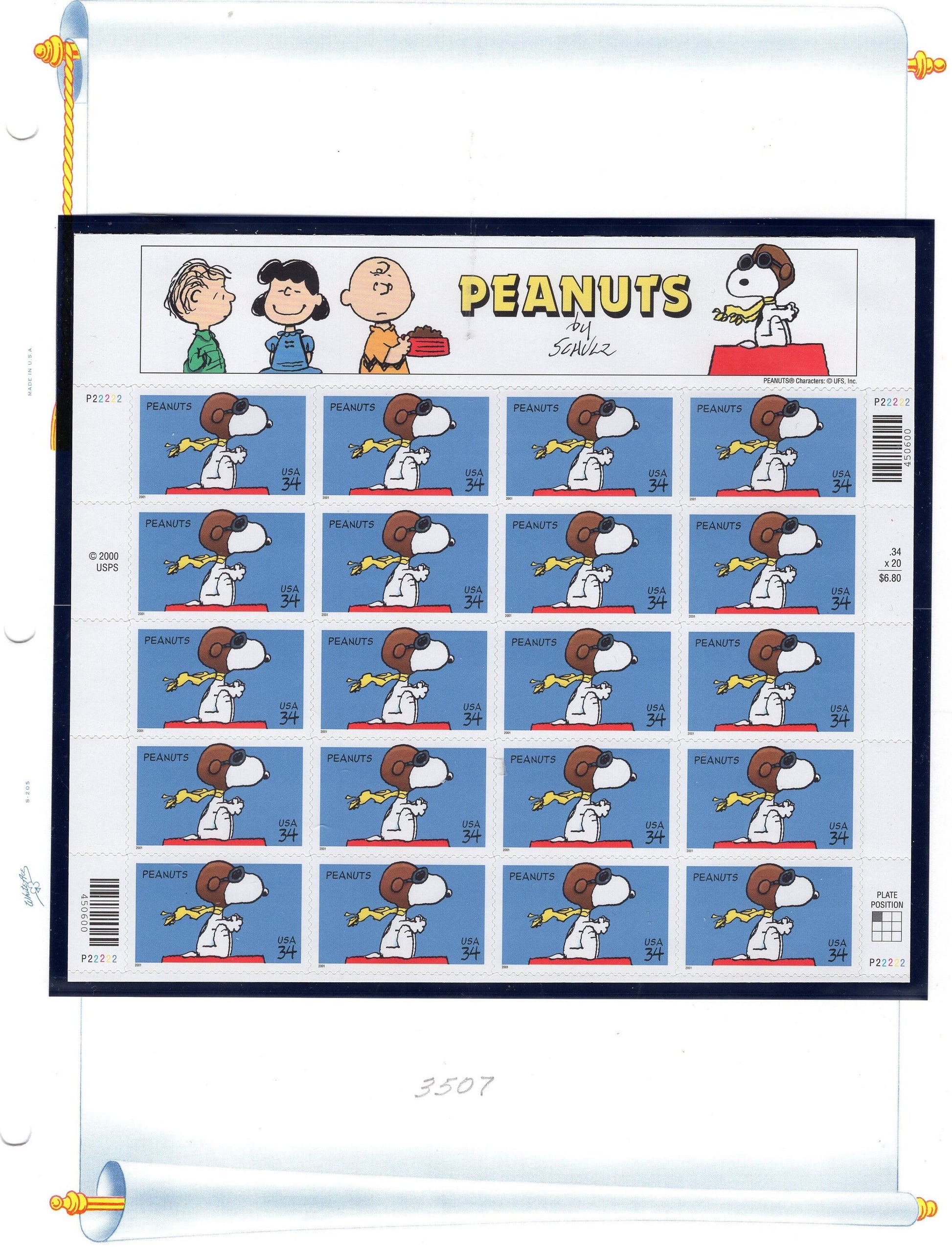 SNOOPY PEANUTS Sheet of 20 with Decorative Header