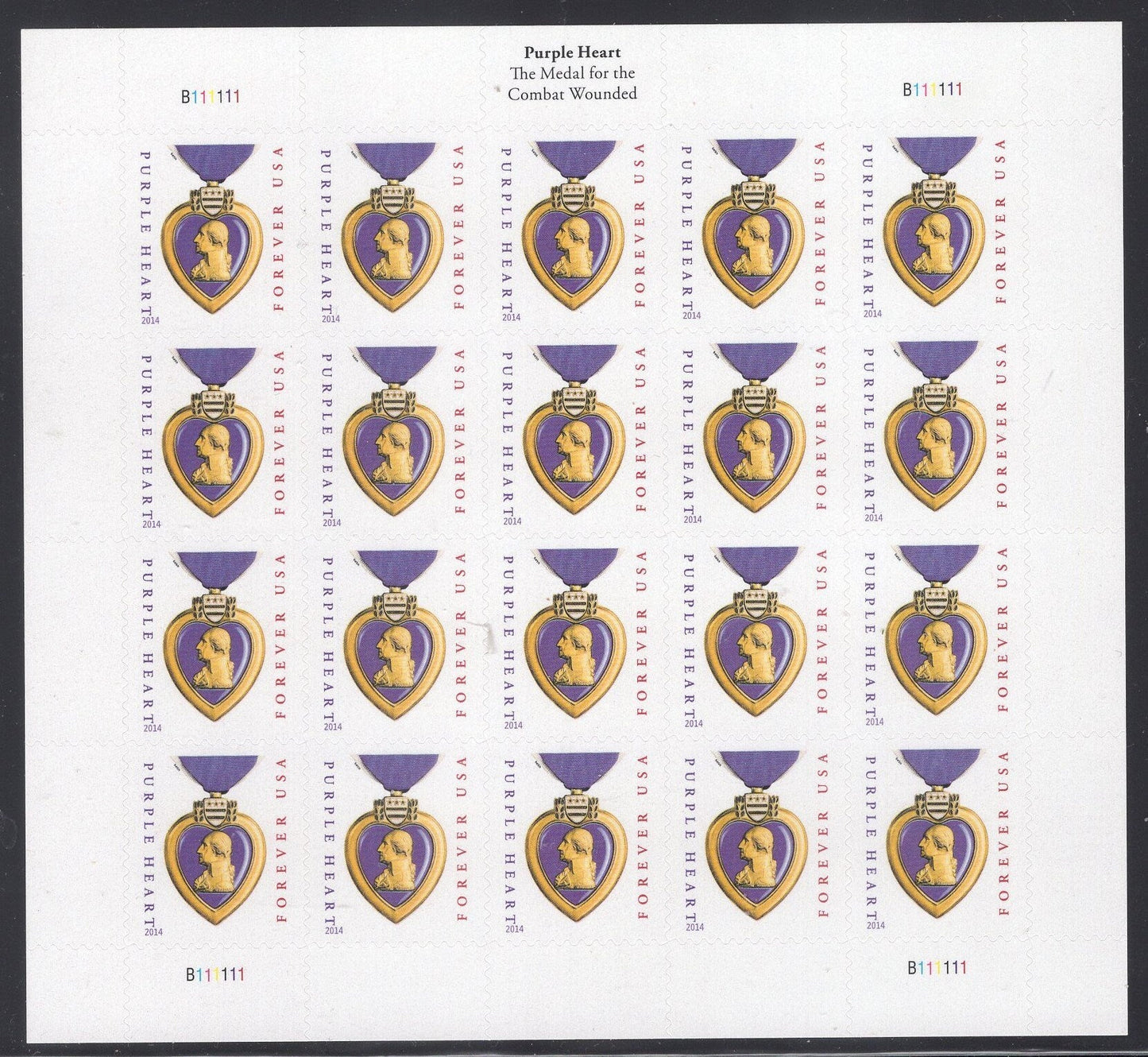 PURPLE HEART WAR Sheet of 20 with Inscription