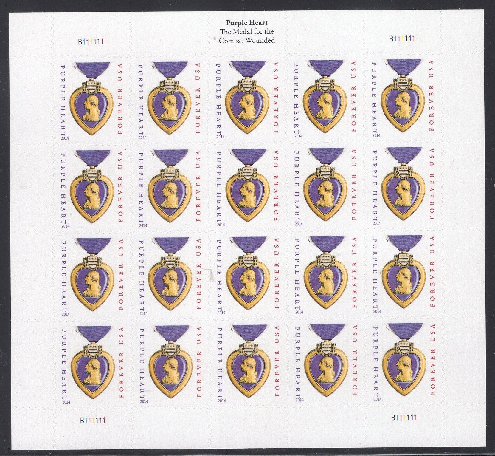 PURPLE HEART WAR Sheet of 20 with Inscription