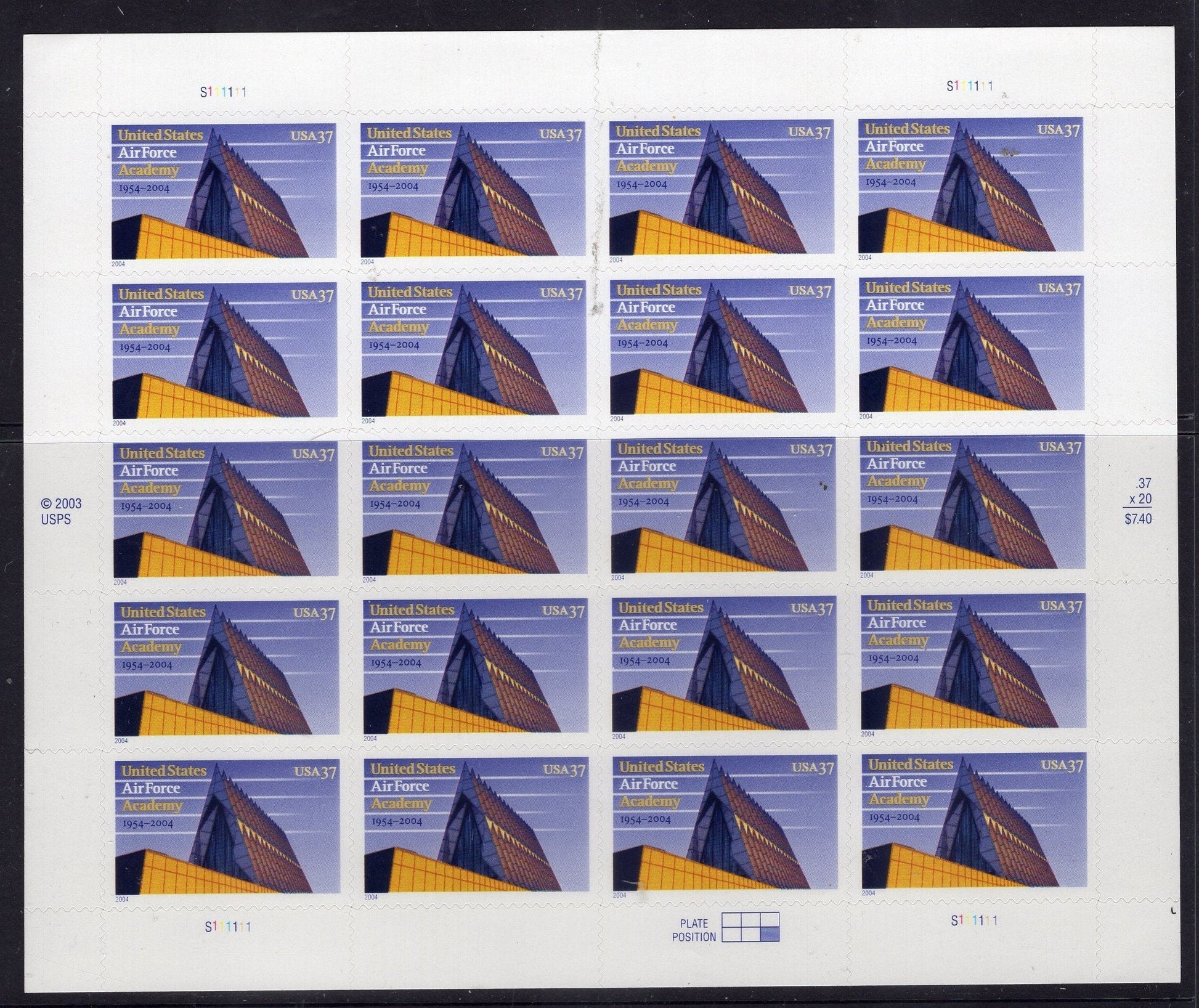 AIR FORCE ACADEMY Sheet of 20 Cadet Chapel 3-D - 37c