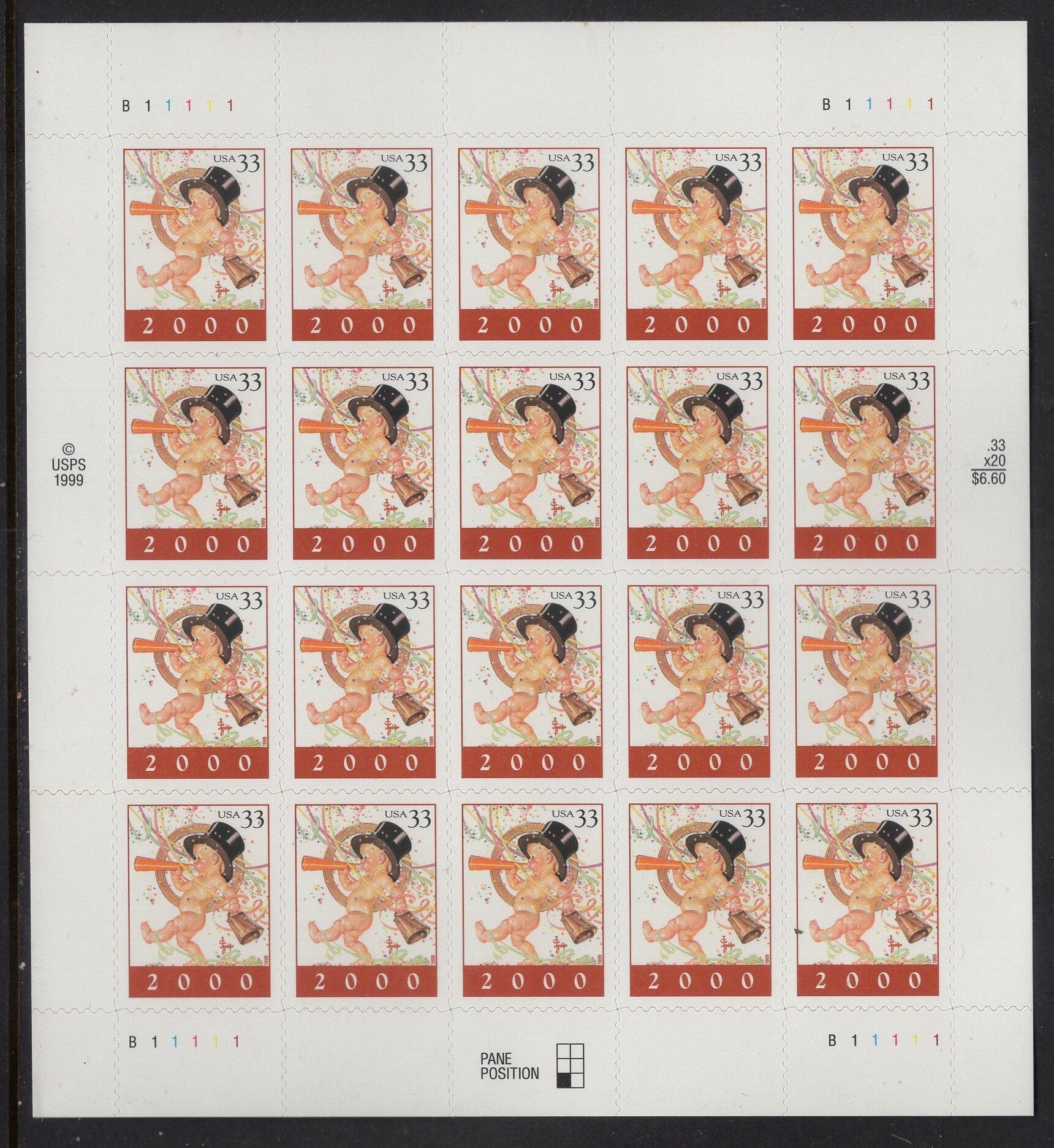 Happy NEW YEAR 2000 BABY High Hat Bell 33c Sheet of 20
