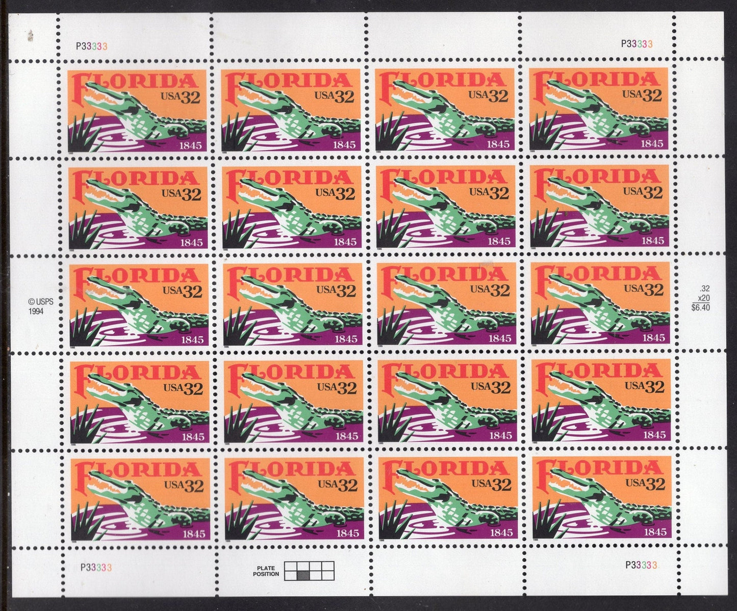 FLORIDA GATOR ALLIGATOR Statehood Sheet of 20