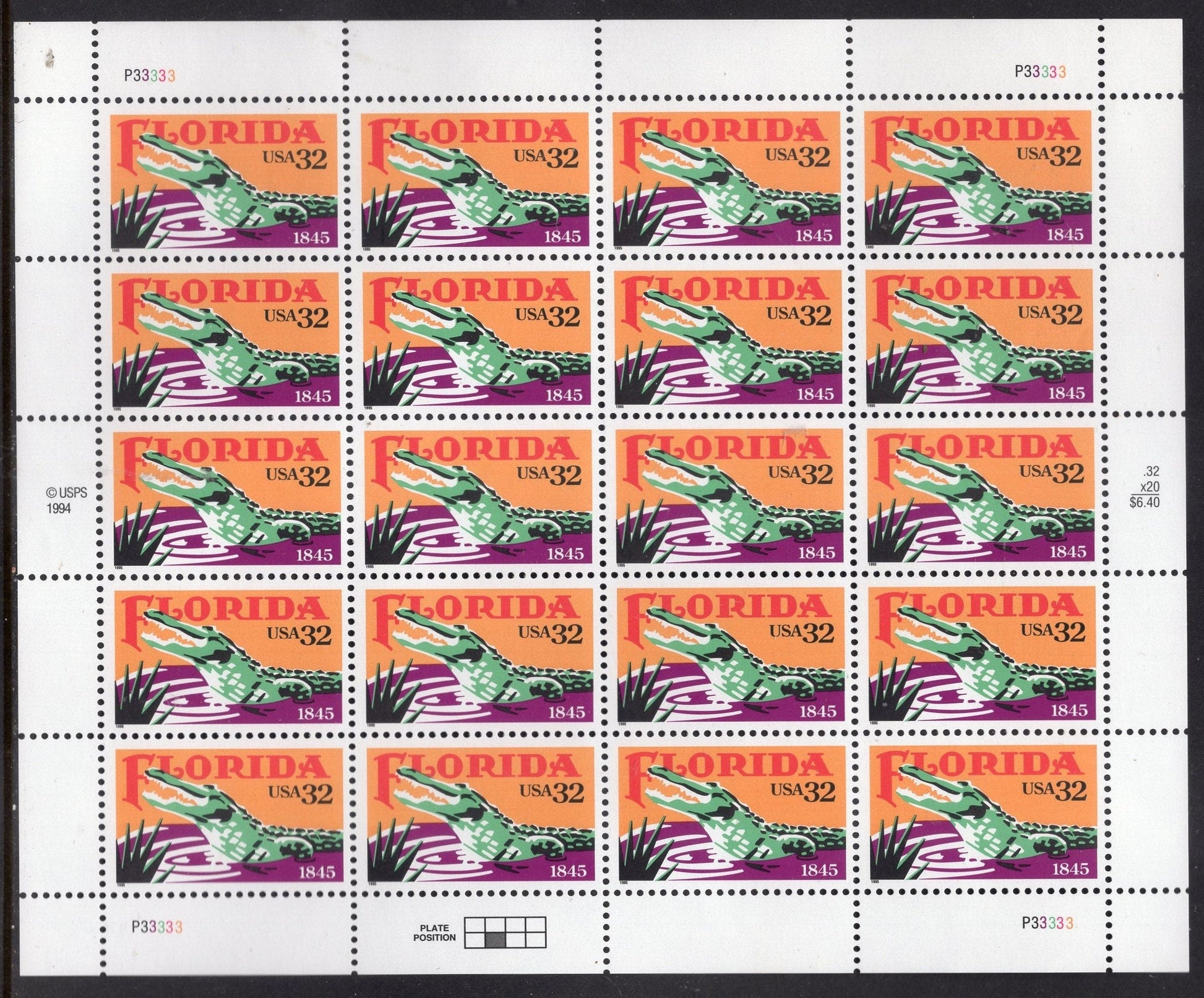 FLORIDA GATOR ALLIGATOR Statehood Sheet of 20
