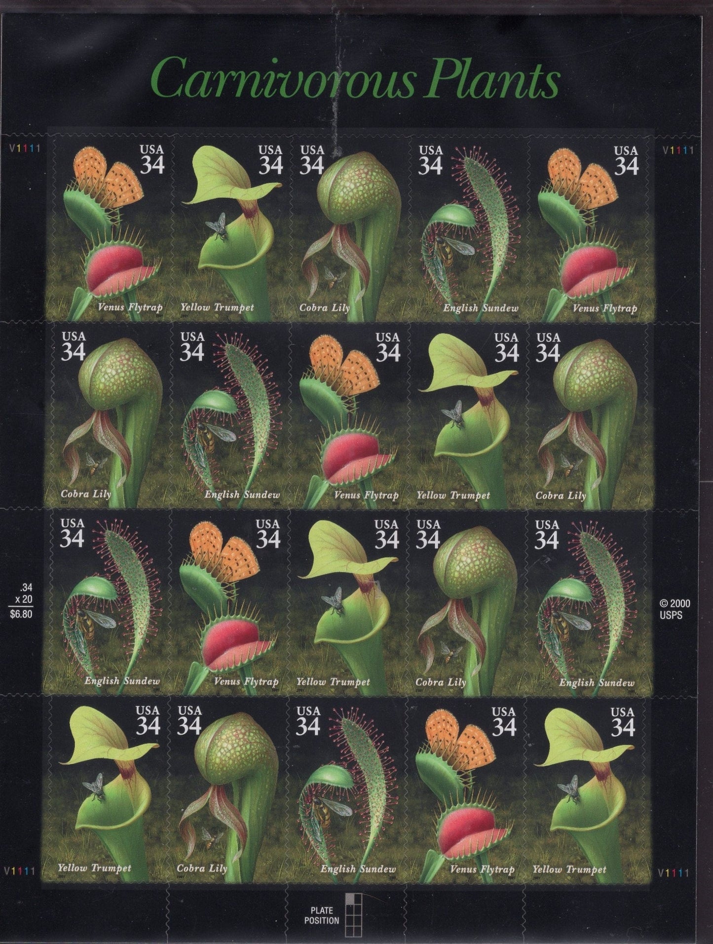 CARNIVOROUS PLANTS Sheet of 20 Flytrap Cobra Lily 34c