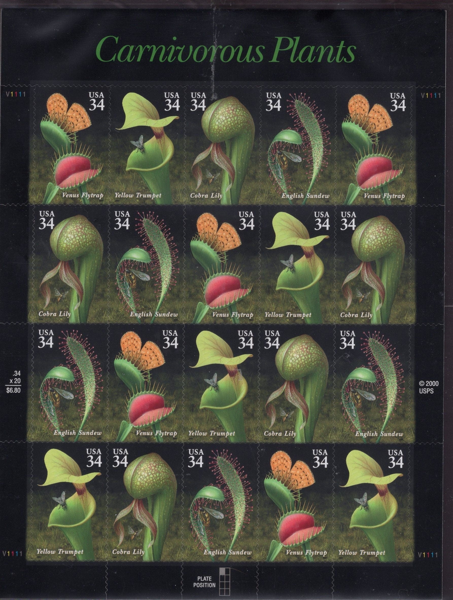 CARNIVOROUS PLANTS Sheet of 20 Flytrap Cobra Lily 34c