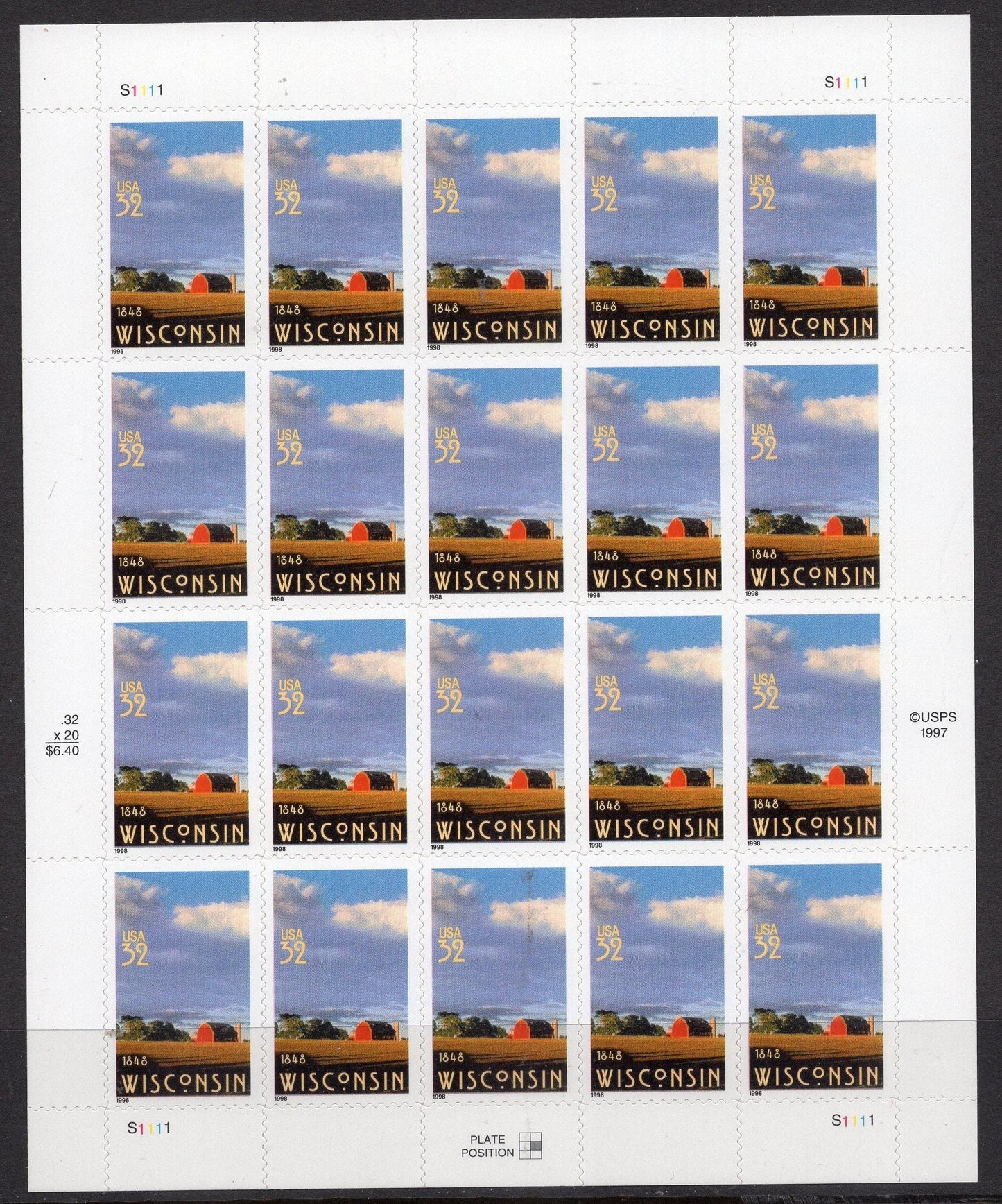 WISCONSIN STATEHOOD FARM Scene Red Barn Cloud Sheet of 20