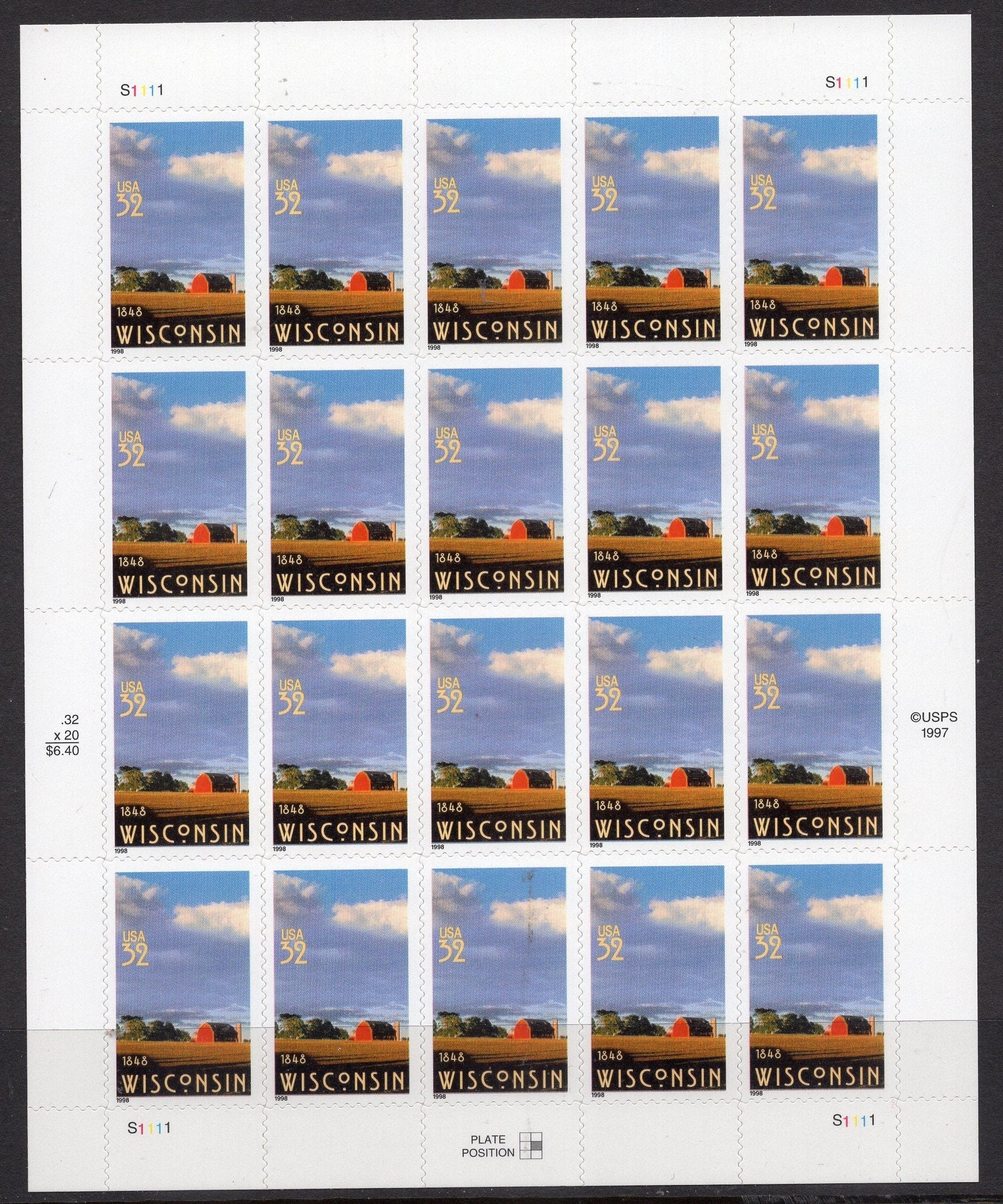 WISCONSIN STATEHOOD FARM Scene Red Barn Cloud Sheet of 20