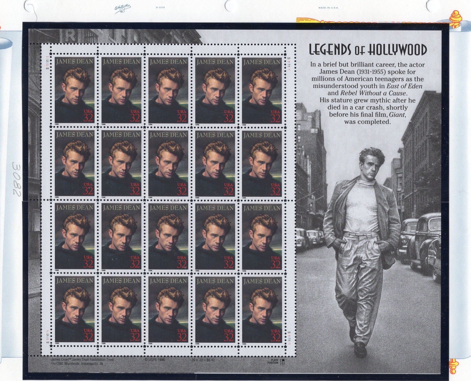 JAMES DEAN Actor DECORATIVE Sheet of 20