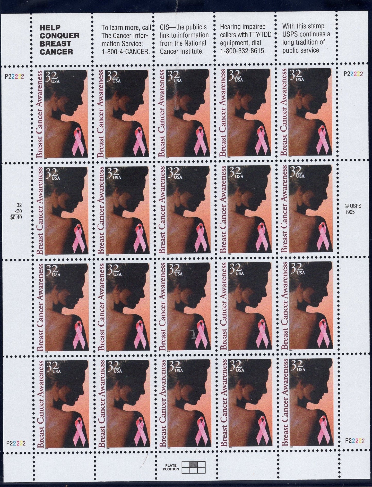BREAST CANCER AWARENESS with Tabs Sheet of 20