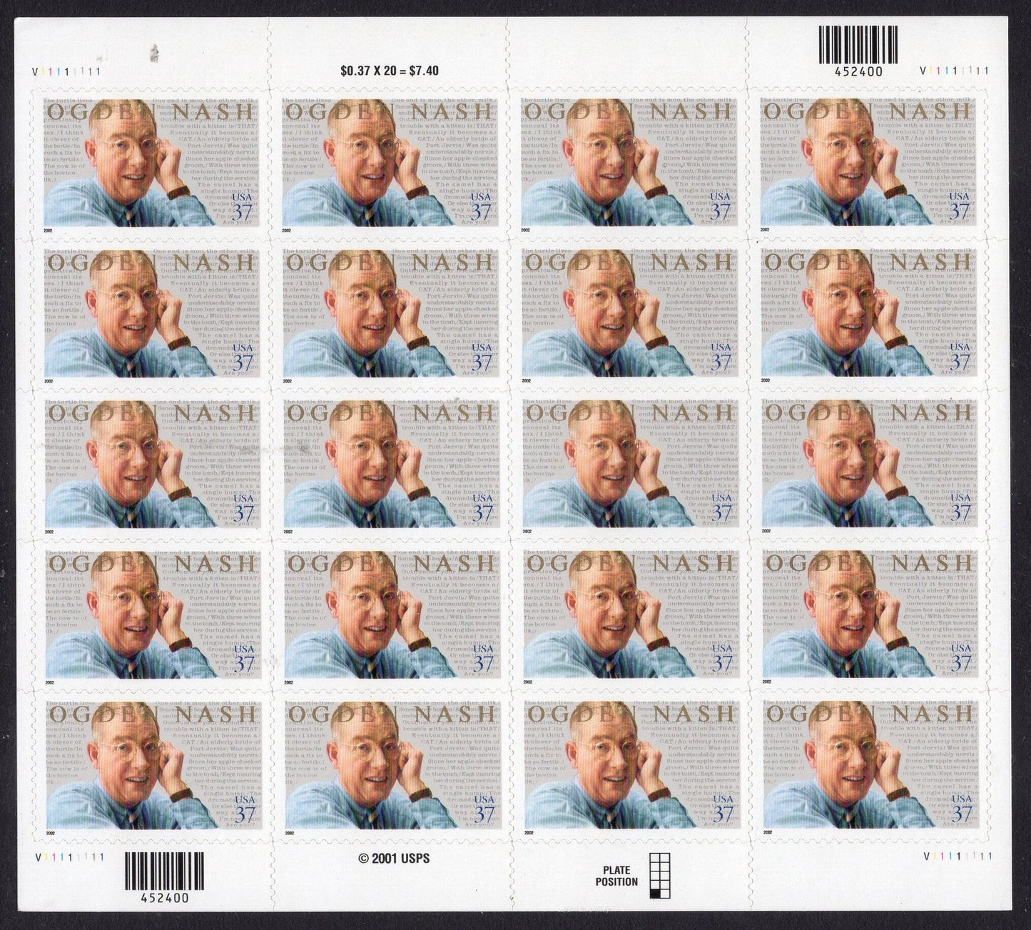 OGDEN NASH HUMORIST 37c Sheet of 20