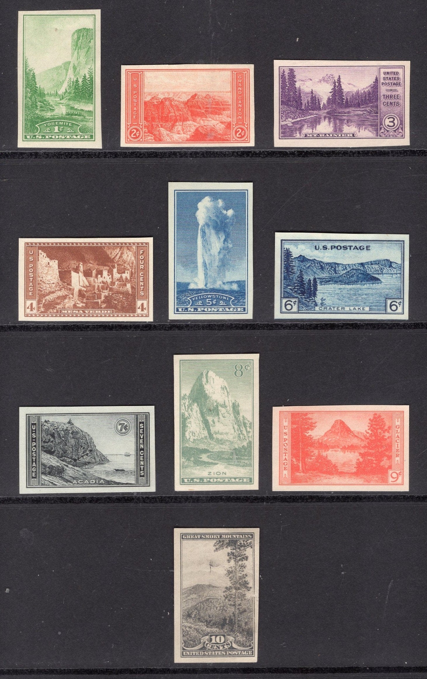 10 NATIONAL PARKS Specially Issued w/o Perforations Yosemite Grand Canyon Rainier Yellowstone Glacier