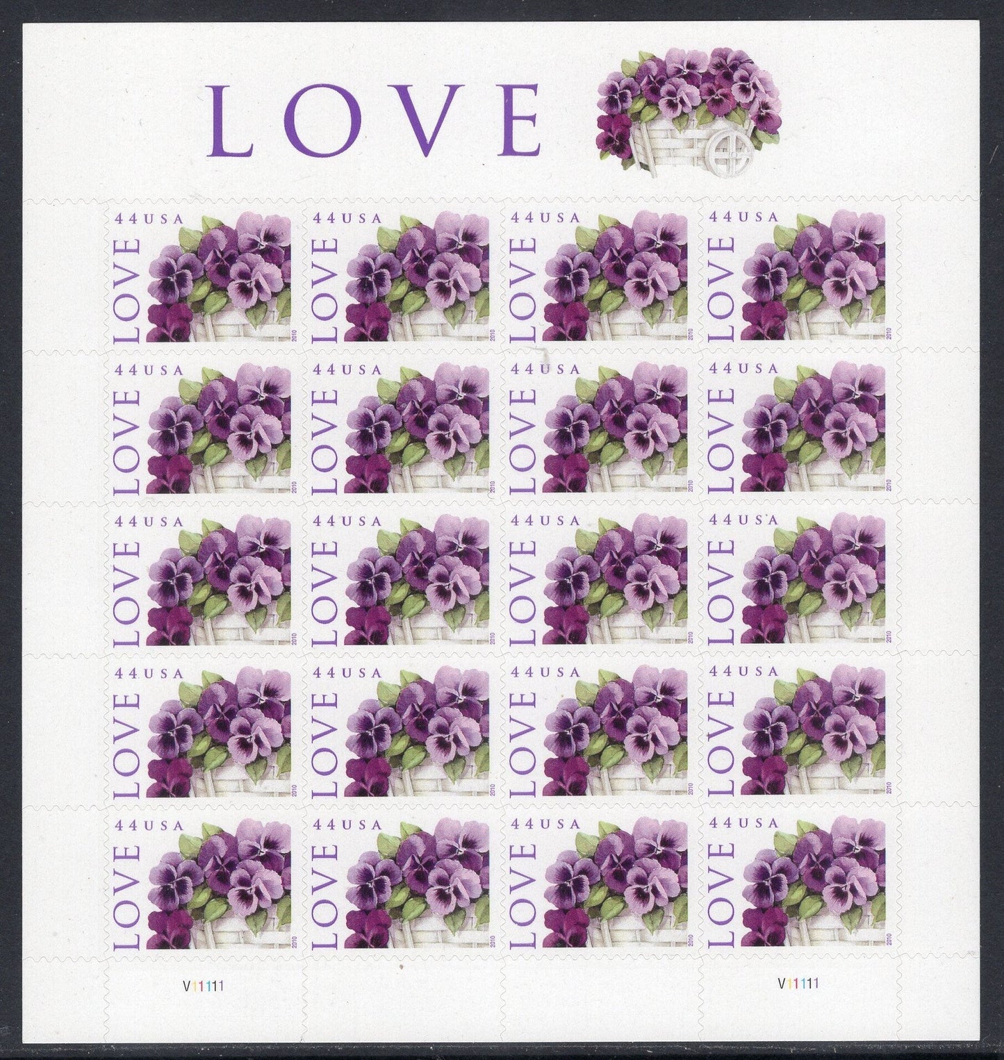 LOVE - PANSIES in a BASKET Pansy 44c Decorative Sheet of 20