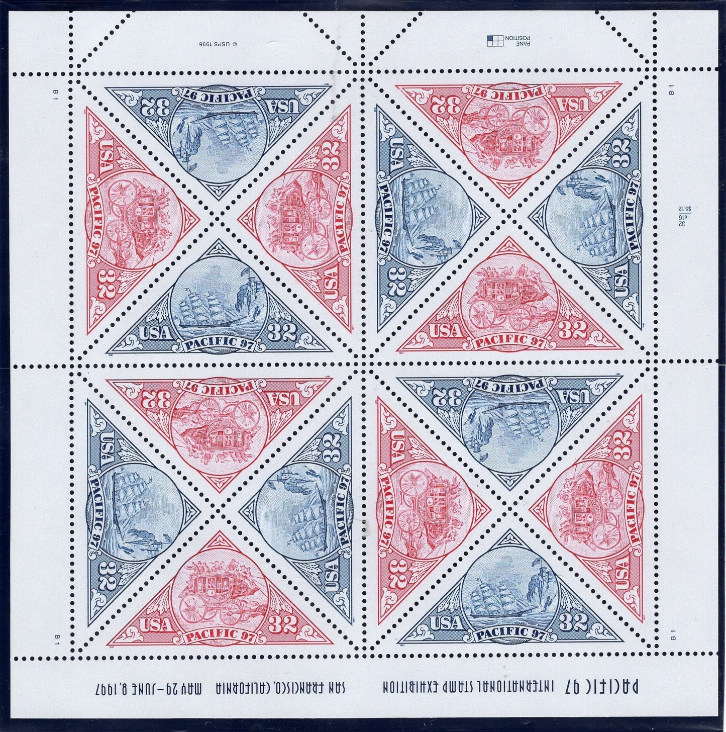 2 TWO TRIANGLE SHEETS 32c Ships Stagecoaches Exhibition MiniSheet of 12
