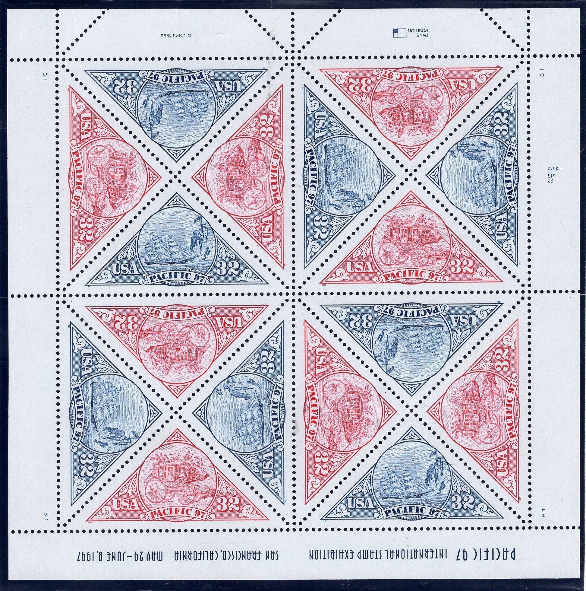 2 TWO TRIANGLE SHEETS 32c Ships Stagecoaches Exhibition MiniSheet of 12