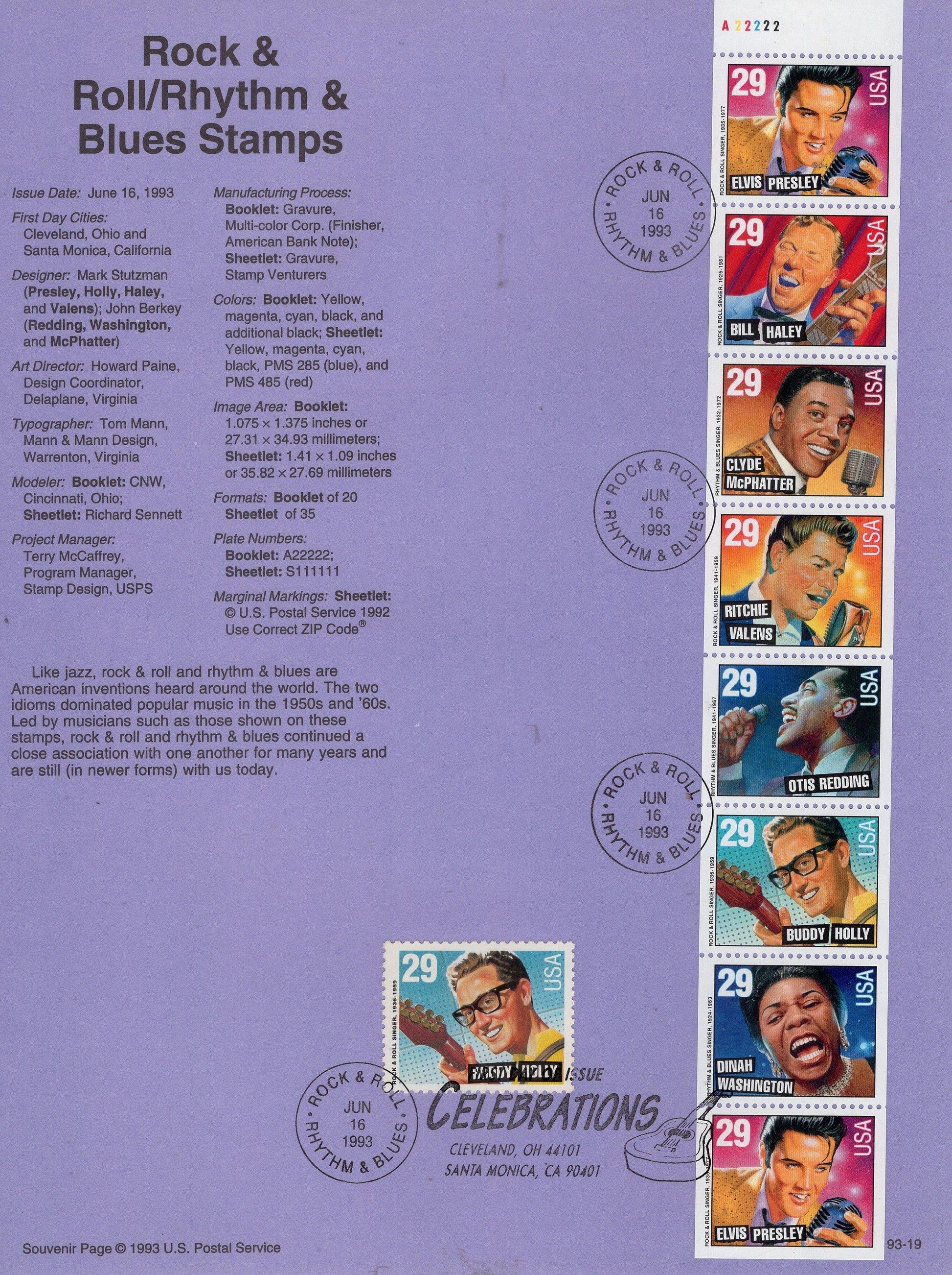 JAZZ SINGERS ELVIS D Washington Black Heritage Usps Souvenir Page with First Day Cancel