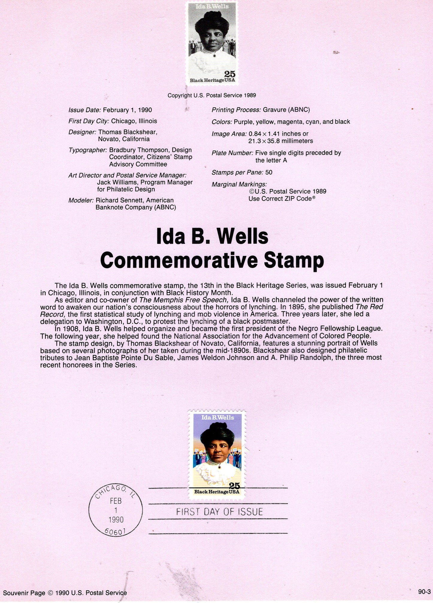 IDA B. WELLS Journalist Civil Rights Black Heritage Official Souvenir Page First Day