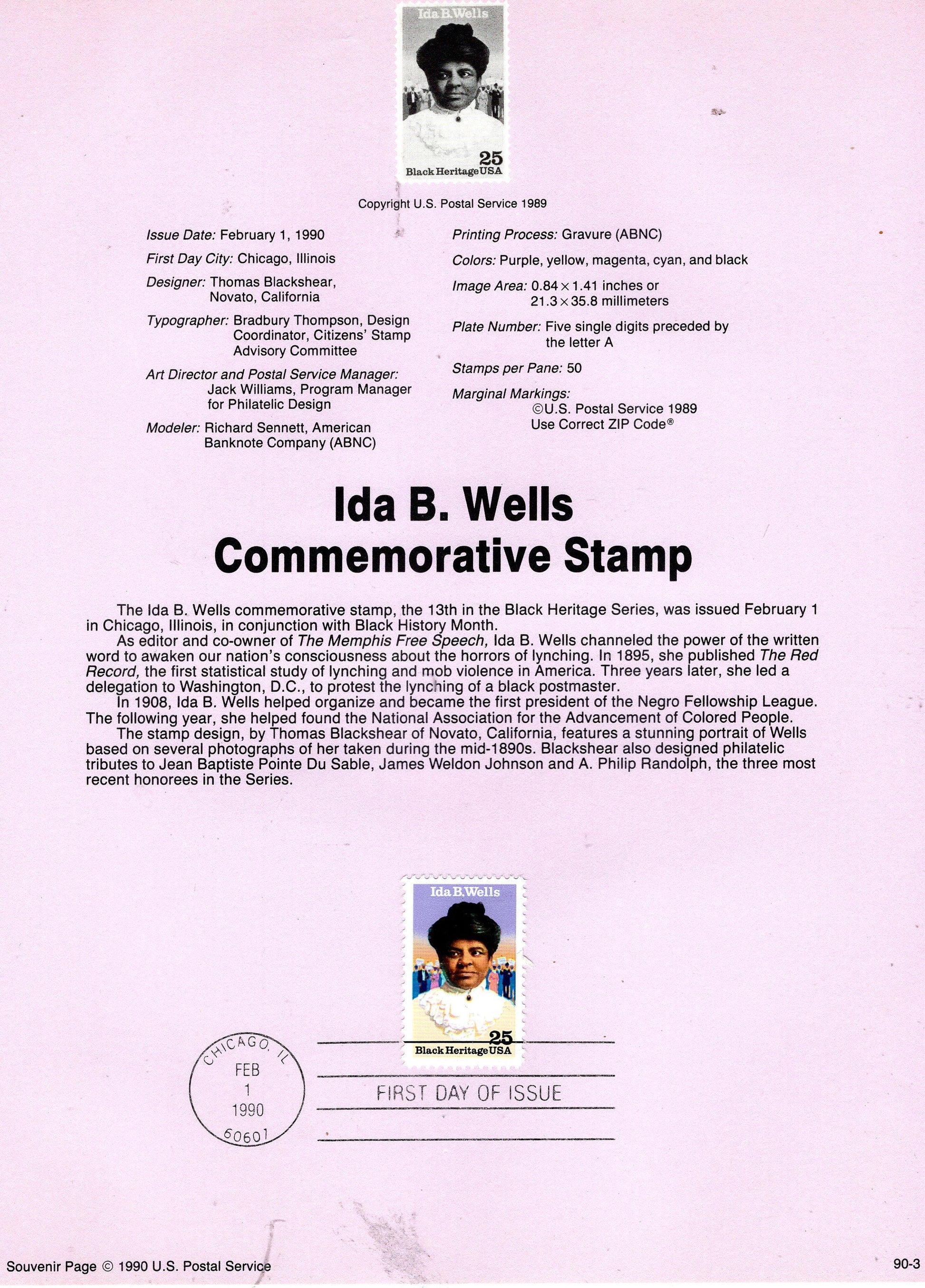 IDA B. WELLS Journalist Civil Rights Black Heritage Official Souvenir Page First Day