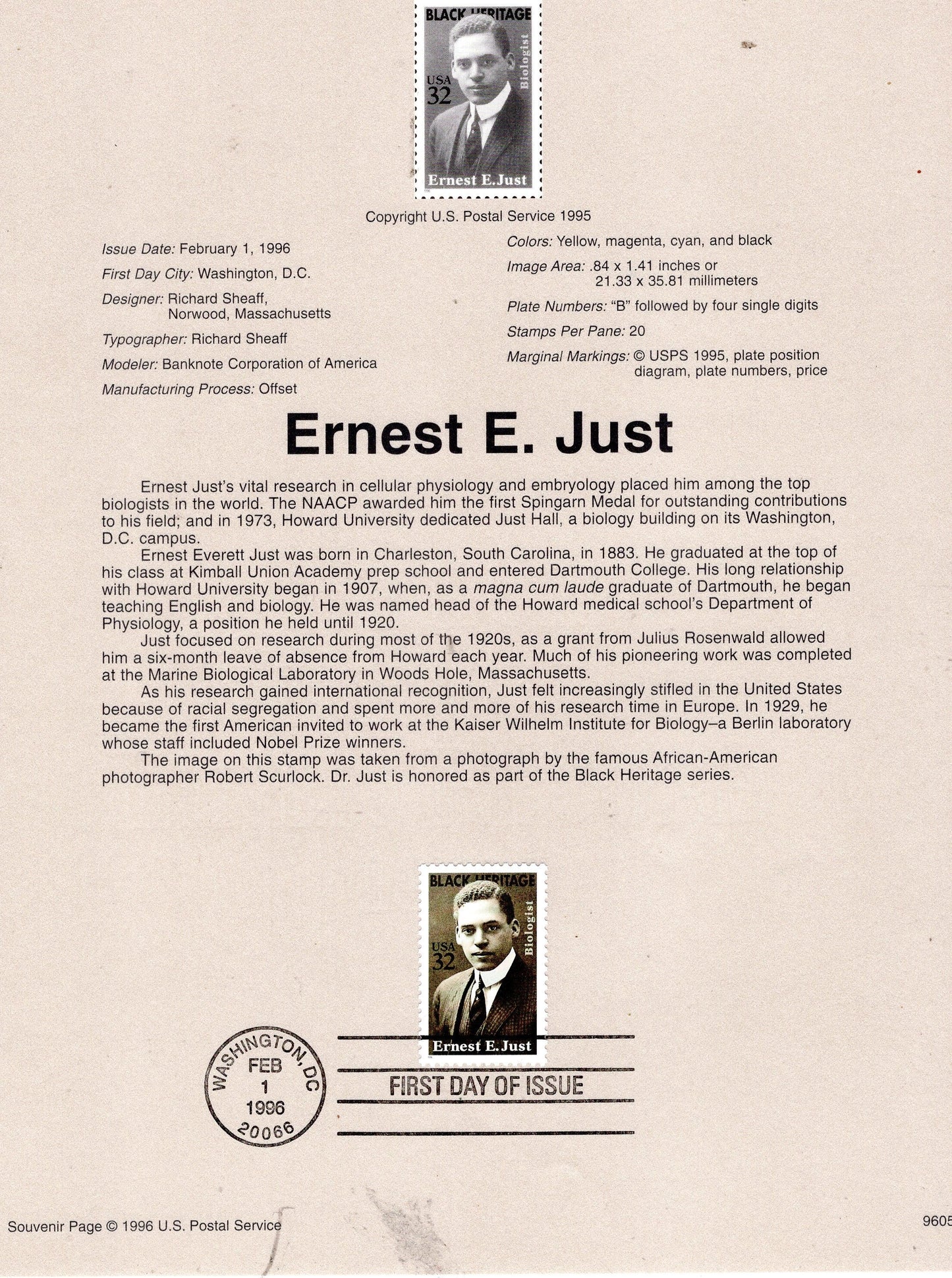 ERNEST E. JUST Marine Biologist Black Heritage Official USPS Souvenir Page First Day