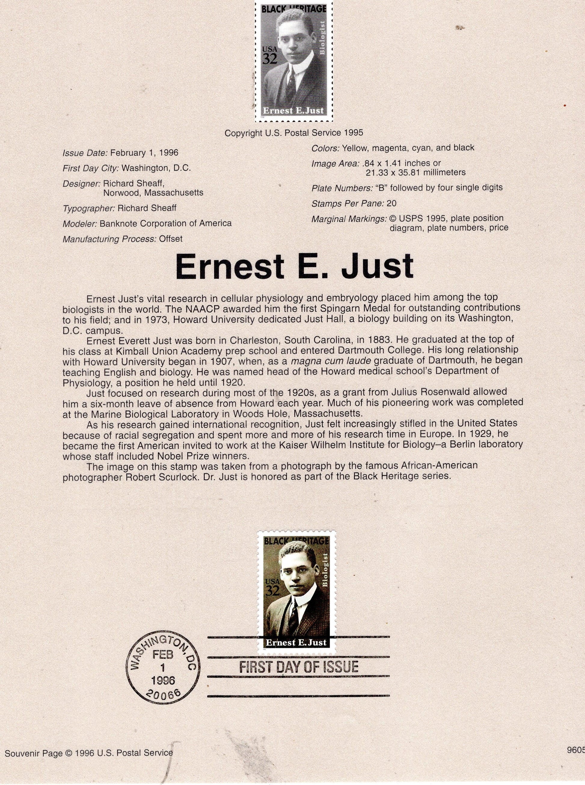 ERNEST E. JUST Marine Biologist Black Heritage Official USPS Souvenir Page First Day