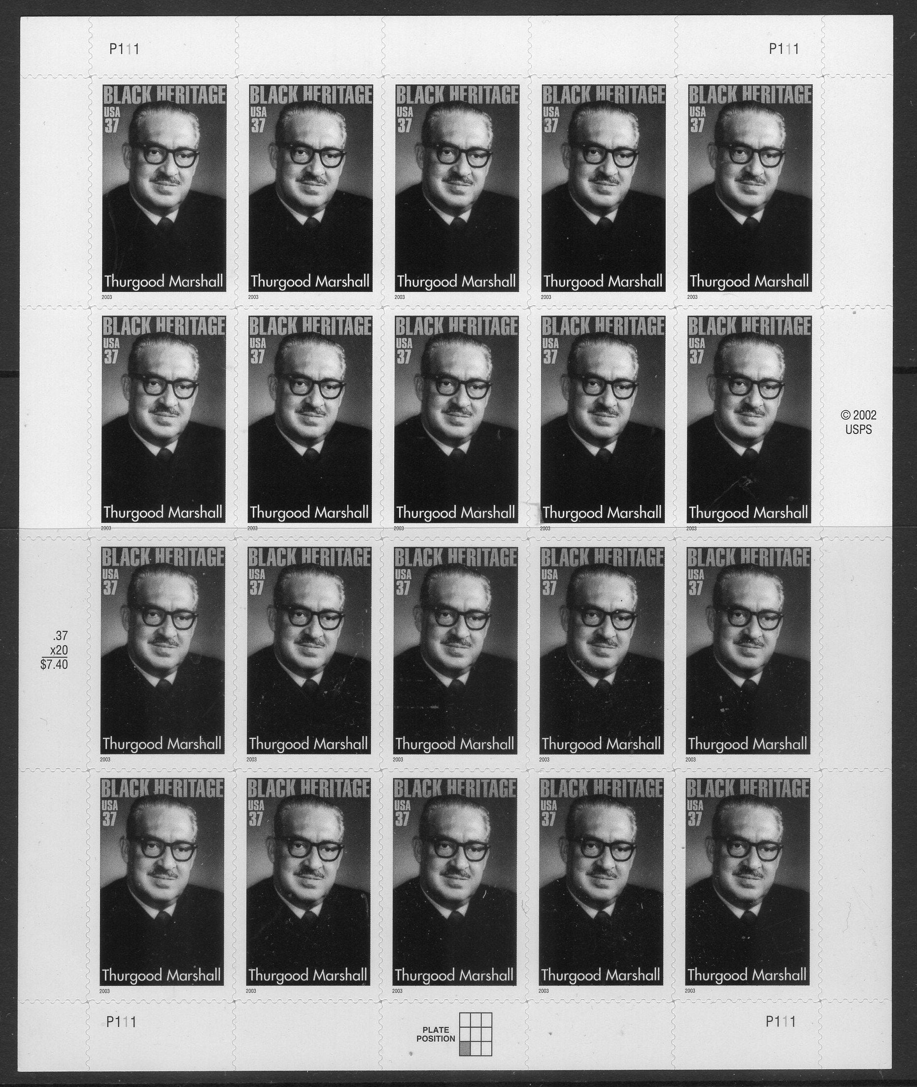 THURGOOD MARSHALL First Black Supreme Court Justice Sheet of 20 NAACP Legal Heritage