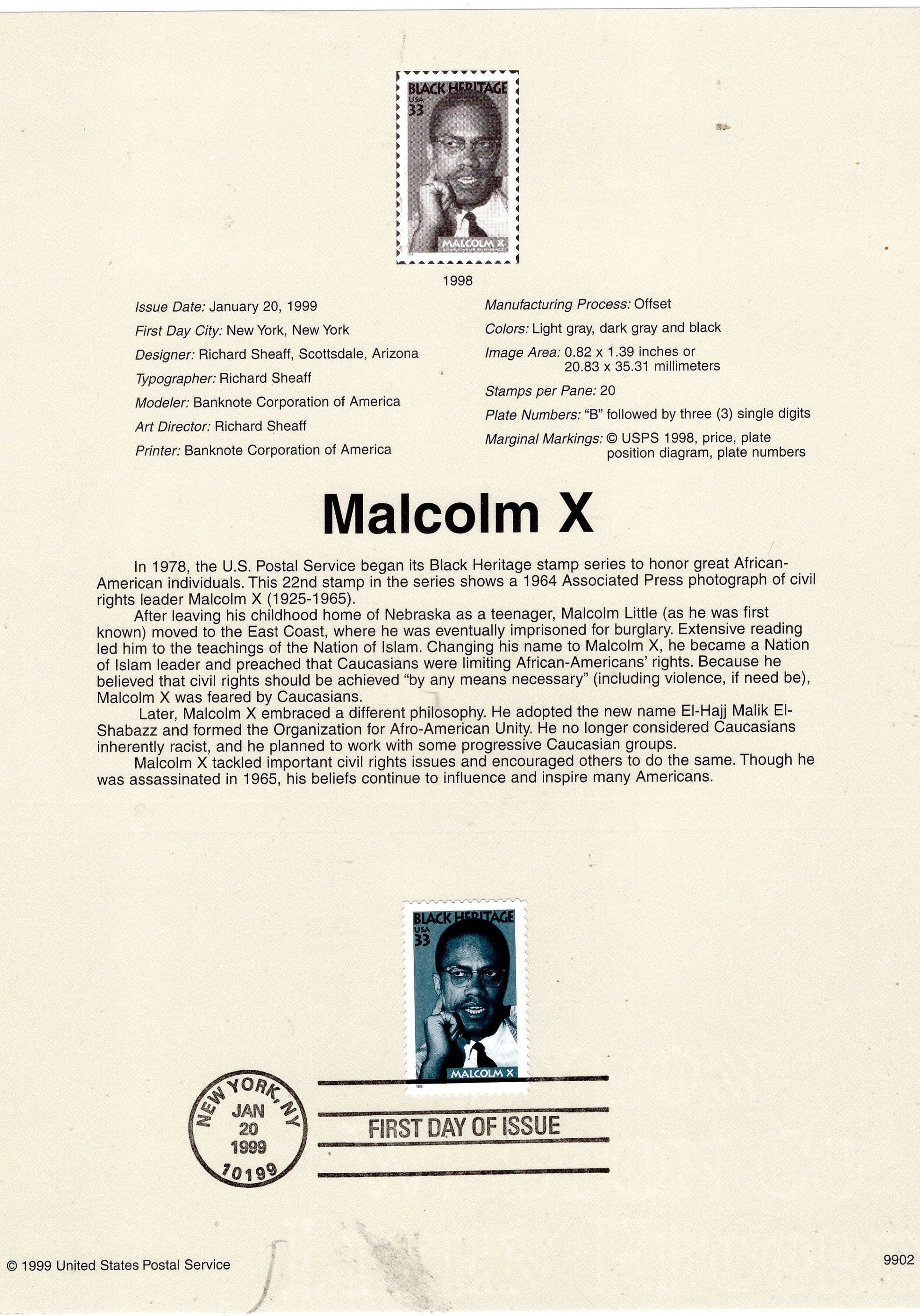 MALCOLM X Civil Rights Activist Black Heritage Official USPS Souvenir Page First Day