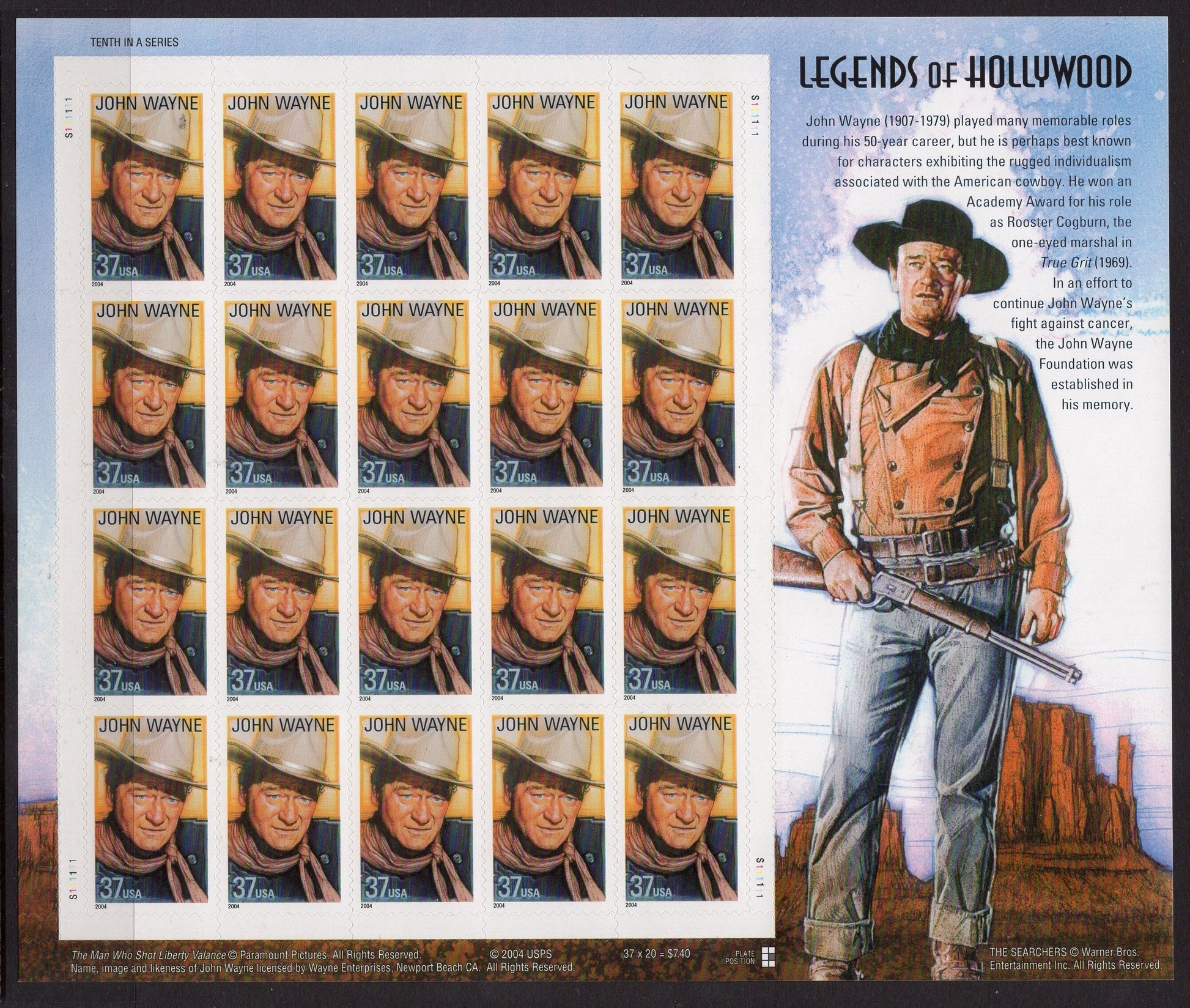 JOHN WAYNE LEGENDS of Hollywood Decorative Sheet of 20 - The Duke - Marion Morrison