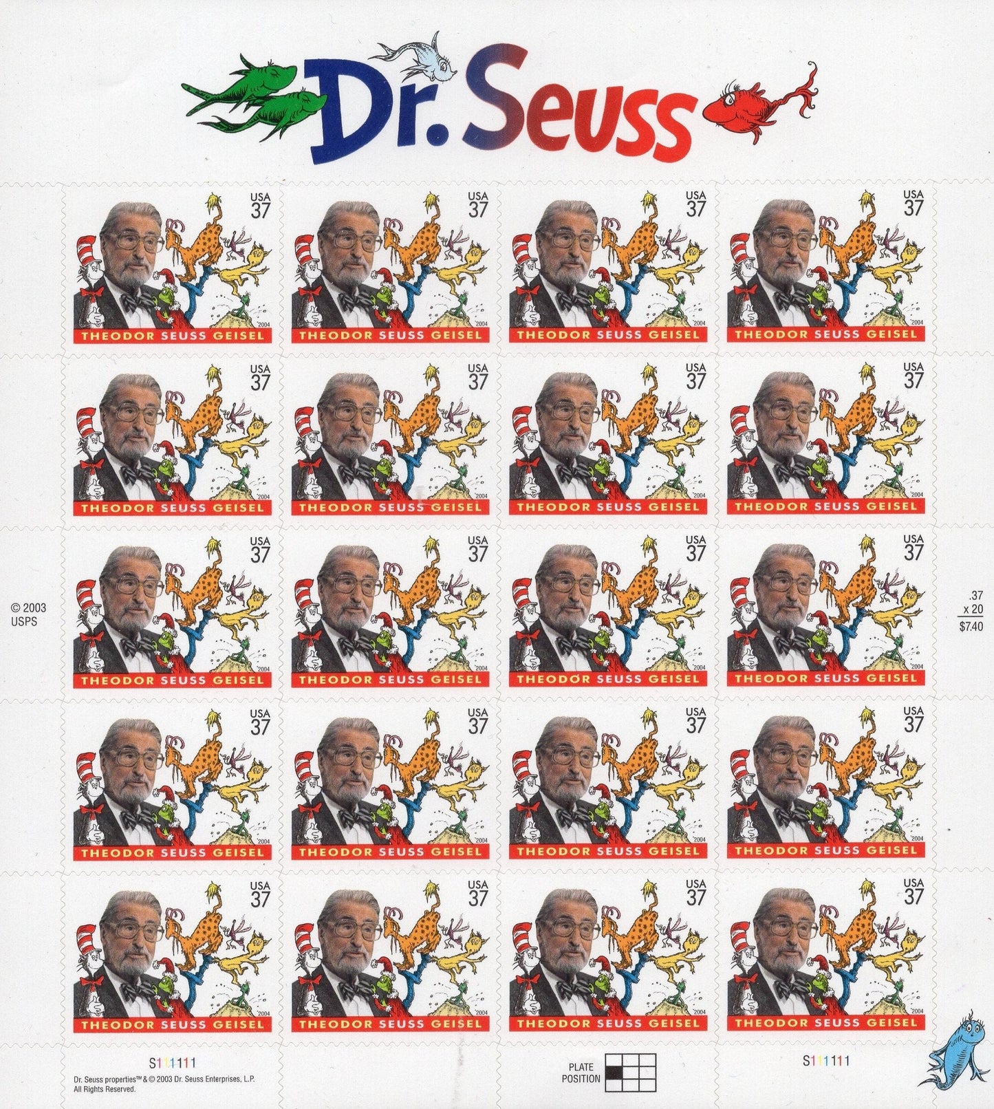 DR SEUSS Theodor Geisel DECORATIVE of 20 Self-adhesive Children Humor Book- Purple Red Green Blue