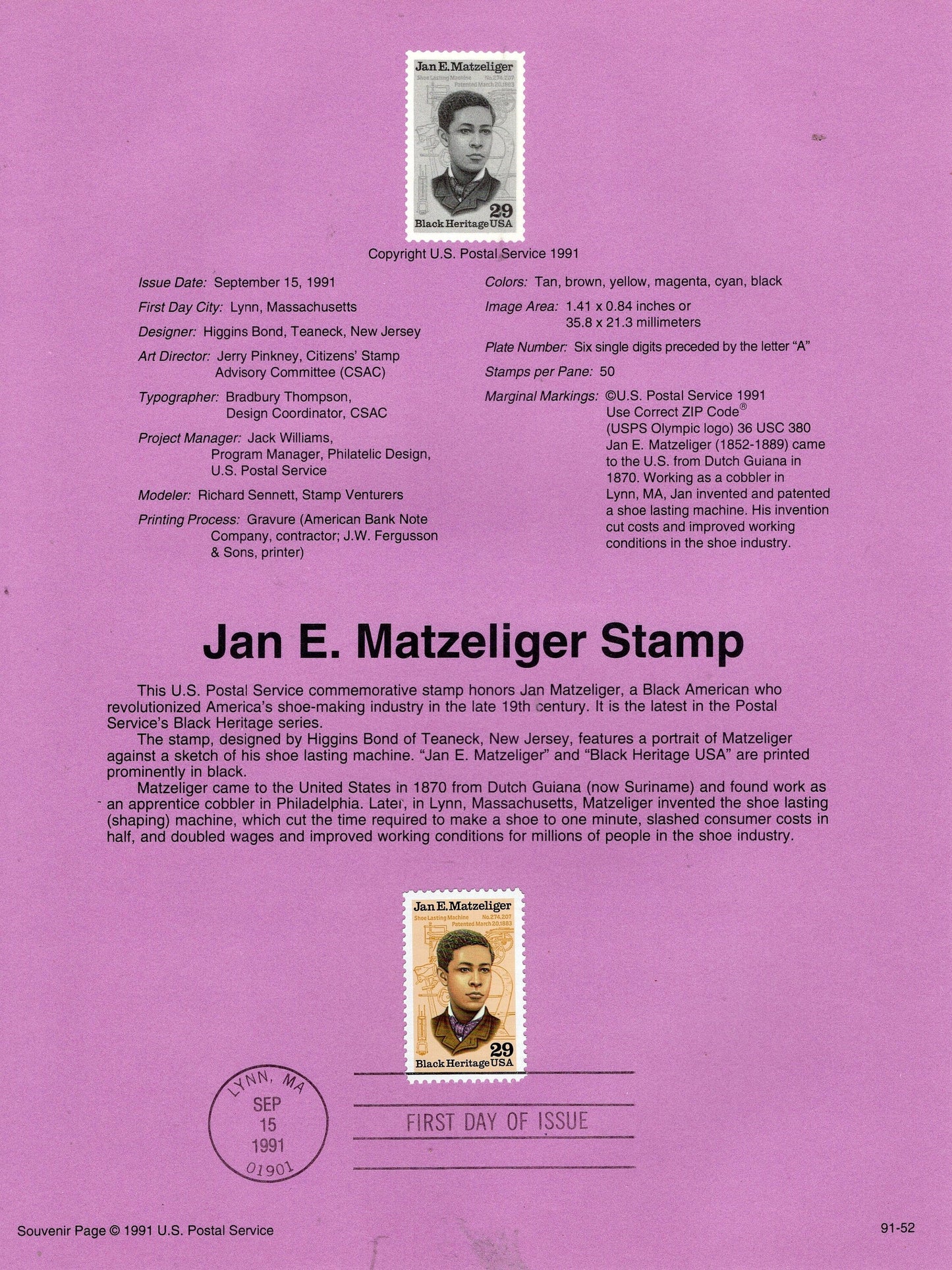 JAN MATZELIGER Inventor Black Heritage Official USPS Souvenir Page with First Day Cancel