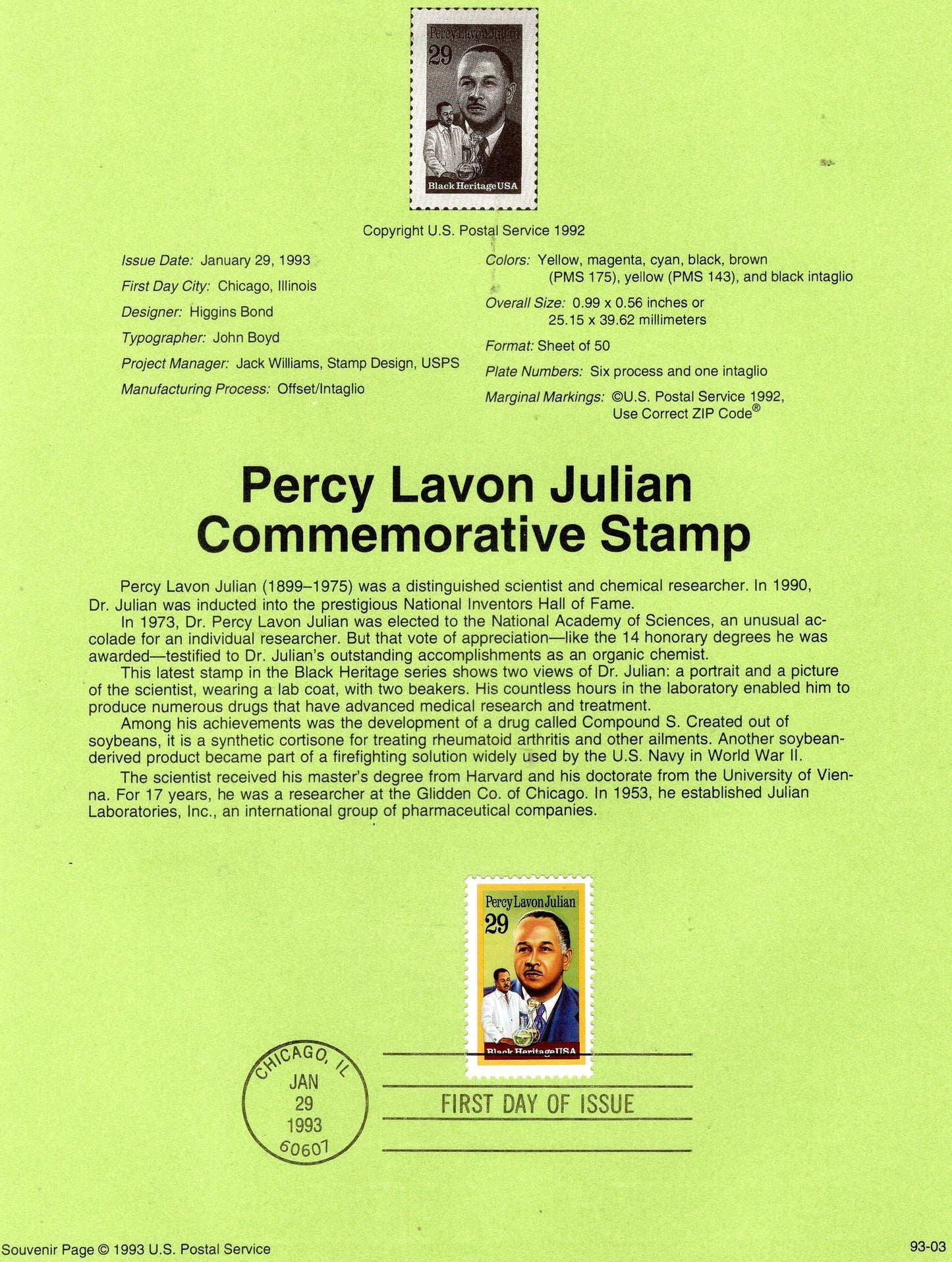 PERCY JULIAN Chemist Black Heritage Official USPS Souvenir Page with First Day Cancel
