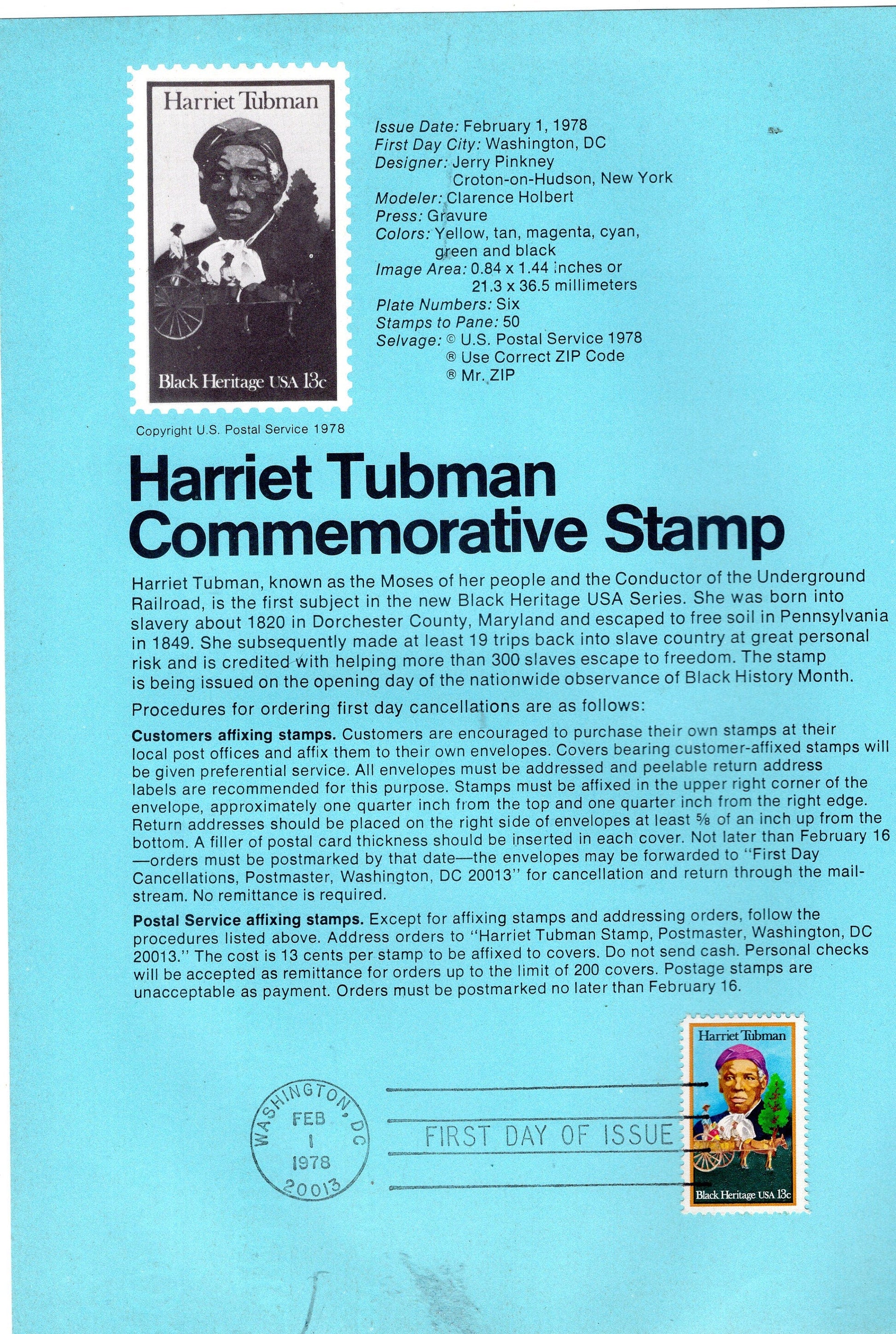HARRIET TUBMAN Underground Rail Black Heritage Official USPS Souvenir Page First Day