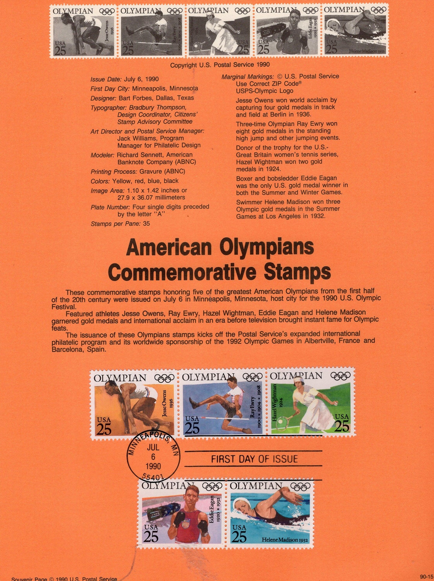 JESSIE OWENS + OLYMPIANS Track Tennis Boxer Swim Official Souvenir Page First Day