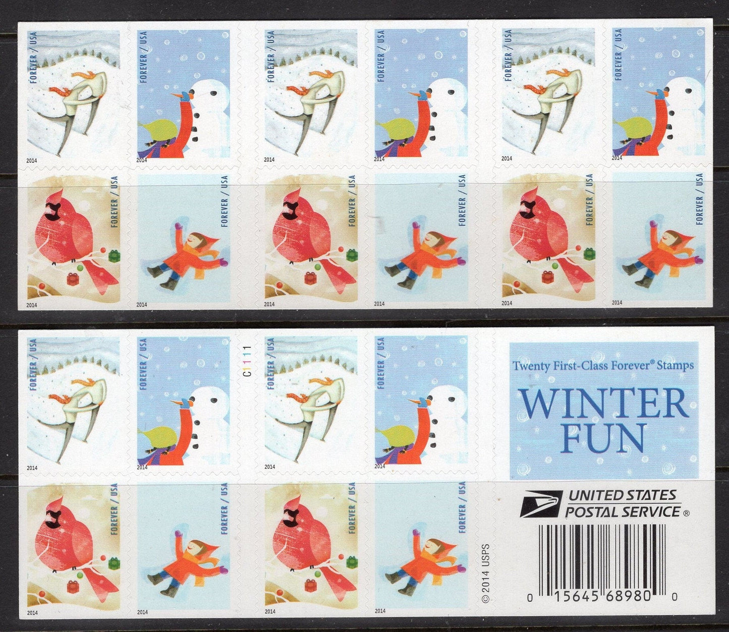 WINTER FUN Booklet of 20 Forever Skater Snowman Angel Cardinal