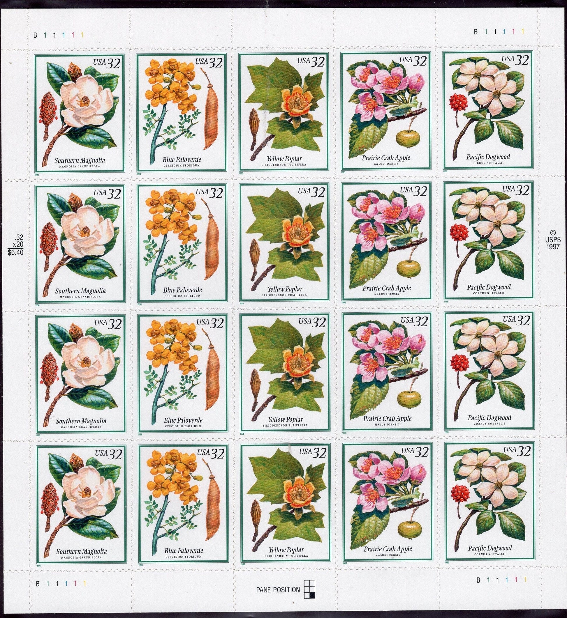 FLOWERING TREES Strips or Sheets Weddings Magnolia Dogwood Apple Poplar 32c Self-adhesive