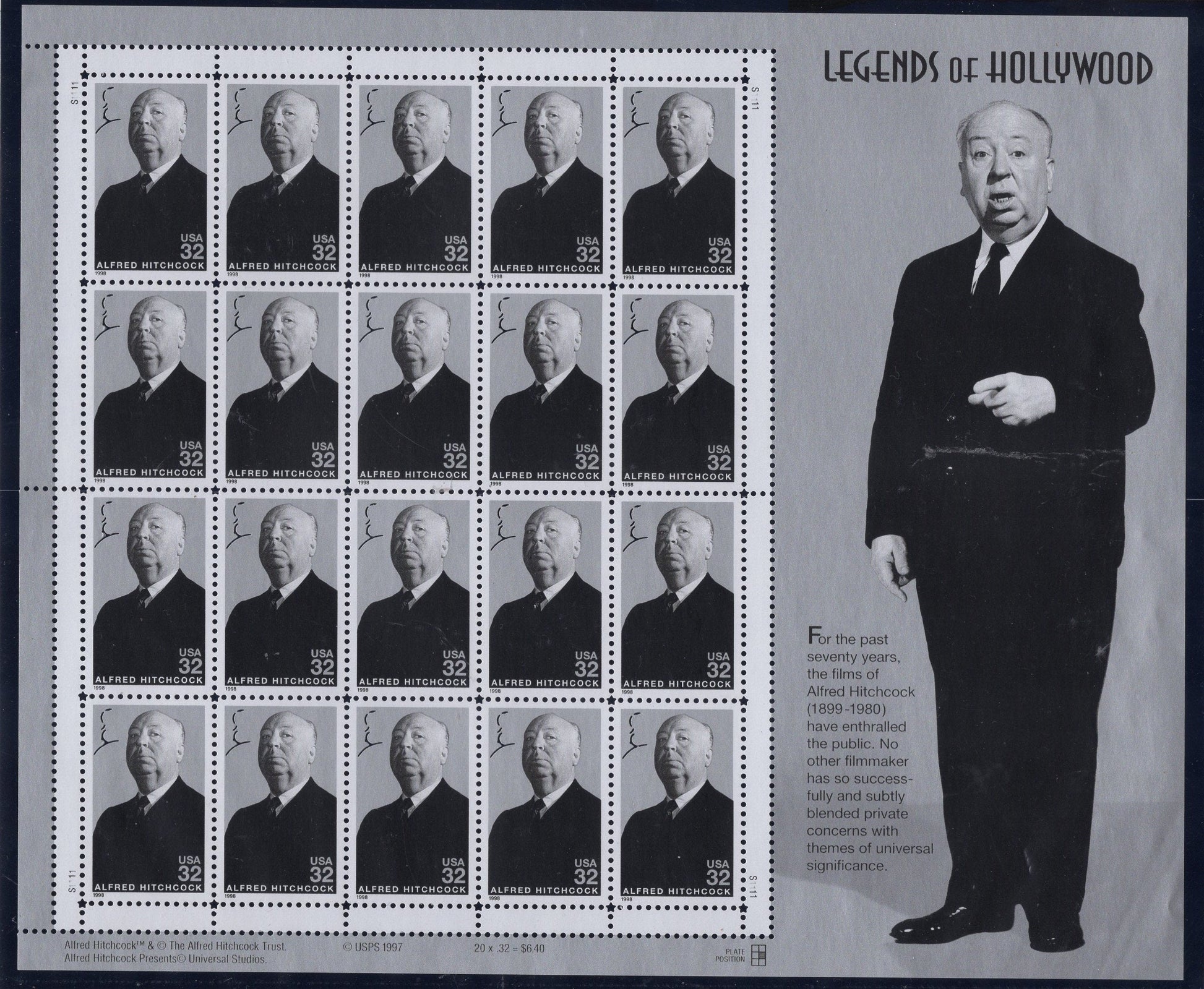ALFRED HITCHCOCK Cinema Legend of HOLLYWOOD Decorative Sheet of 20 32c