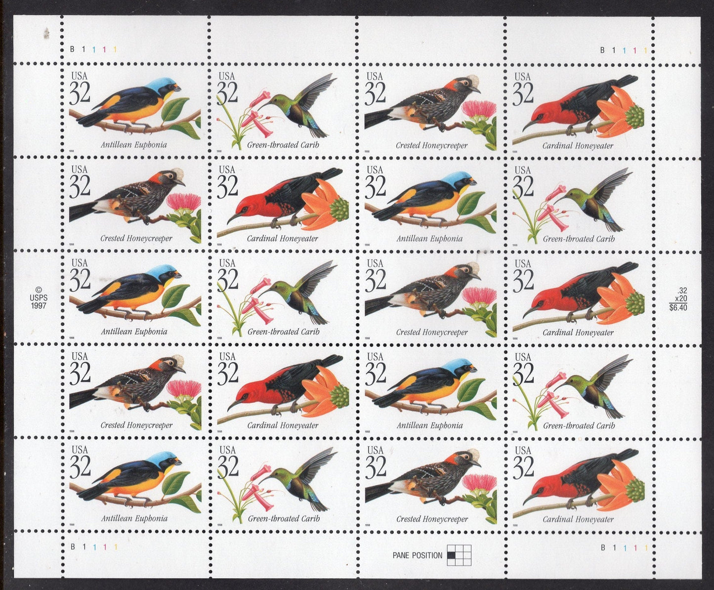TROPICAL BIRDS Carib Antillean Honeycreeper Cardinal Sheet of 20 32c