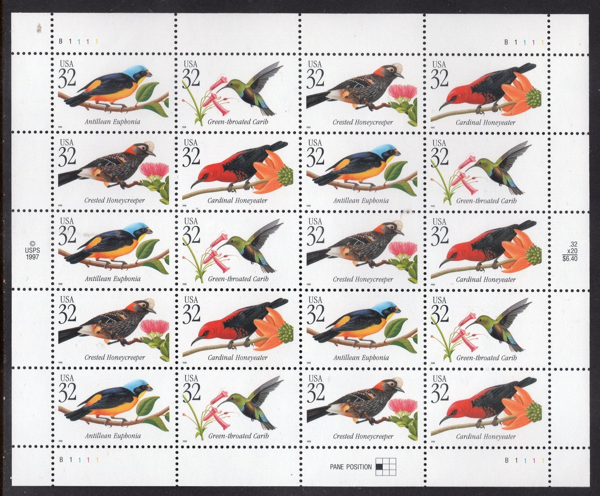 TROPICAL BIRDS Carib Antillean Honeycreeper Cardinal Sheet of 20 32c