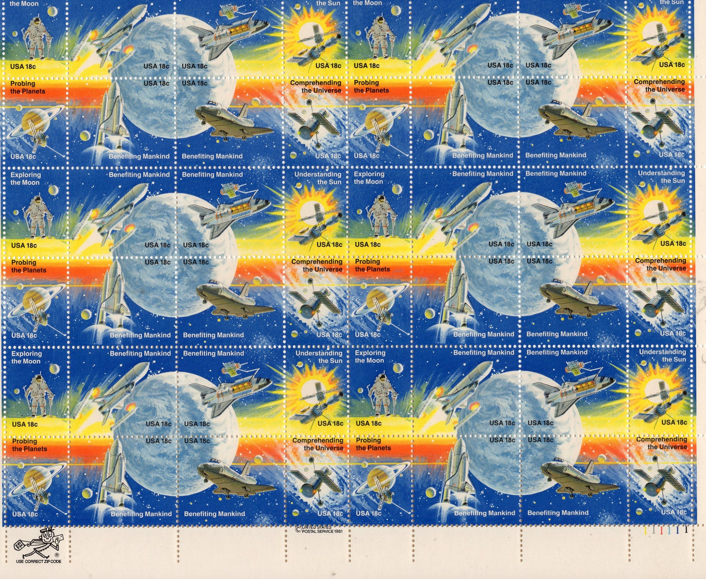SPACE ACHIEVEMENTS Sheet of 48 Moon Walk Shuttle Skylab Moon Pioneer