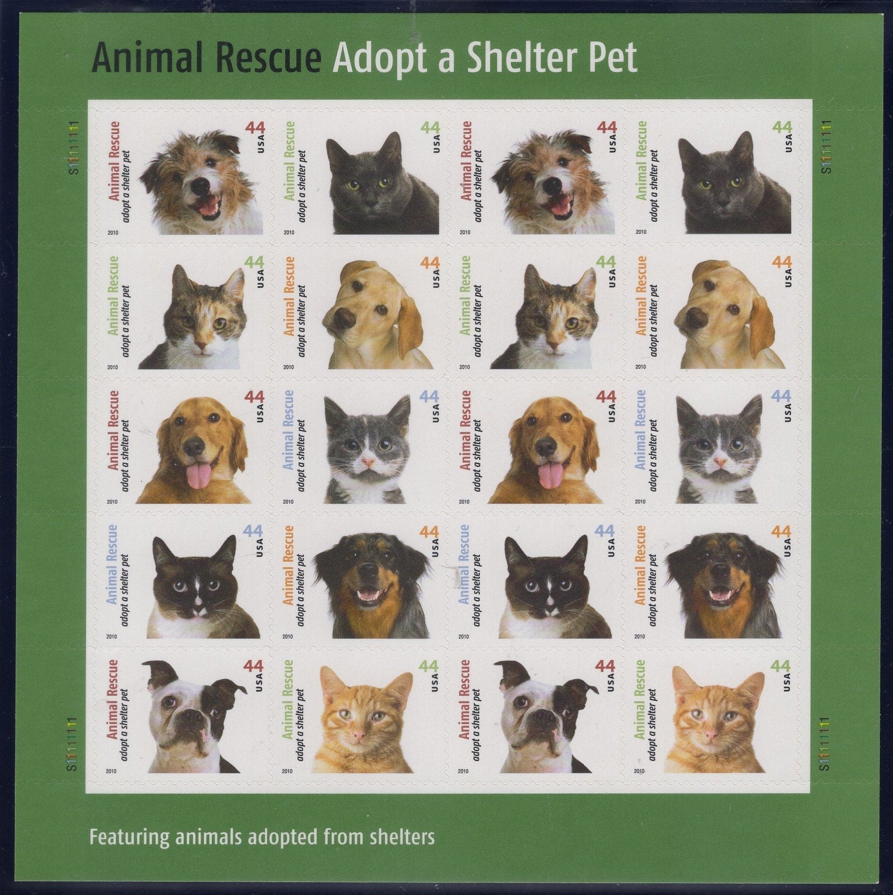 ANIMAL PET RESCUE Cats Dogs Adopt Adoption Decorative Sheet of 20 44c