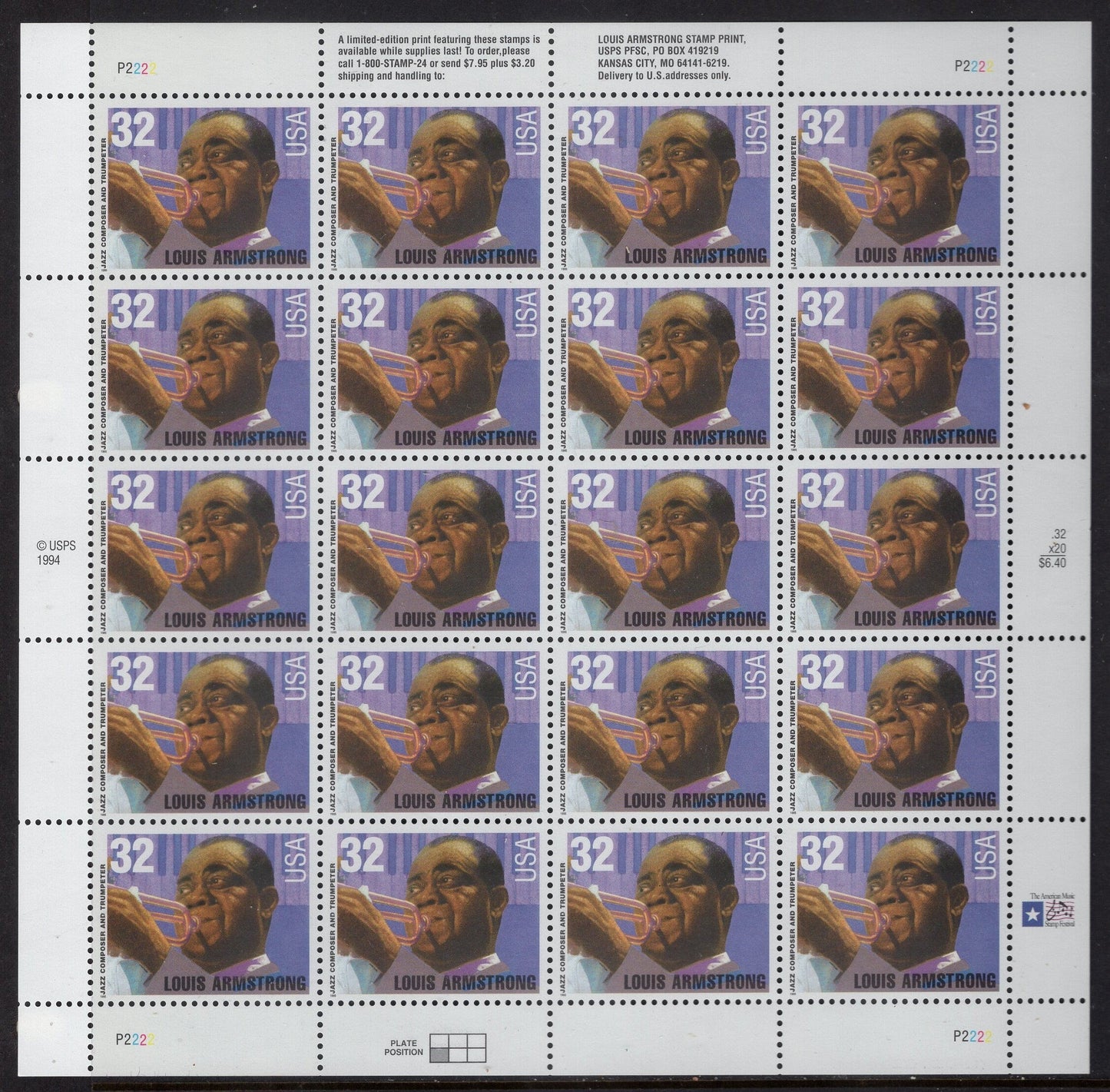 LOUIS "SATCHMO" ARMSTRONG 32c Sheet of 20 Jazz Trumpet Singer Music Legend Black American Heritage