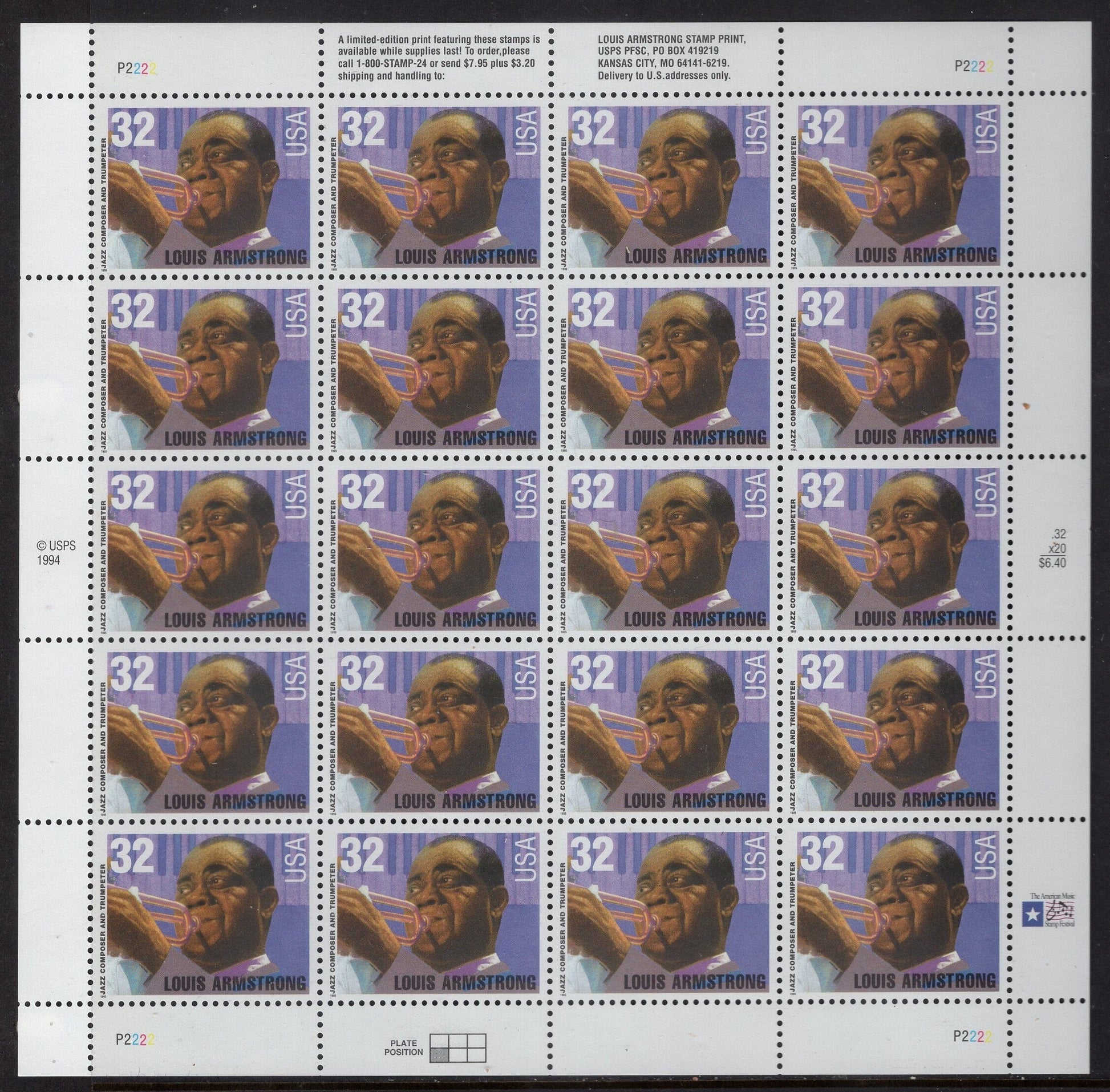 LOUIS "SATCHMO" ARMSTRONG 32c Sheet of 20 Jazz Trumpet Singer Music Legend Black American Heritage