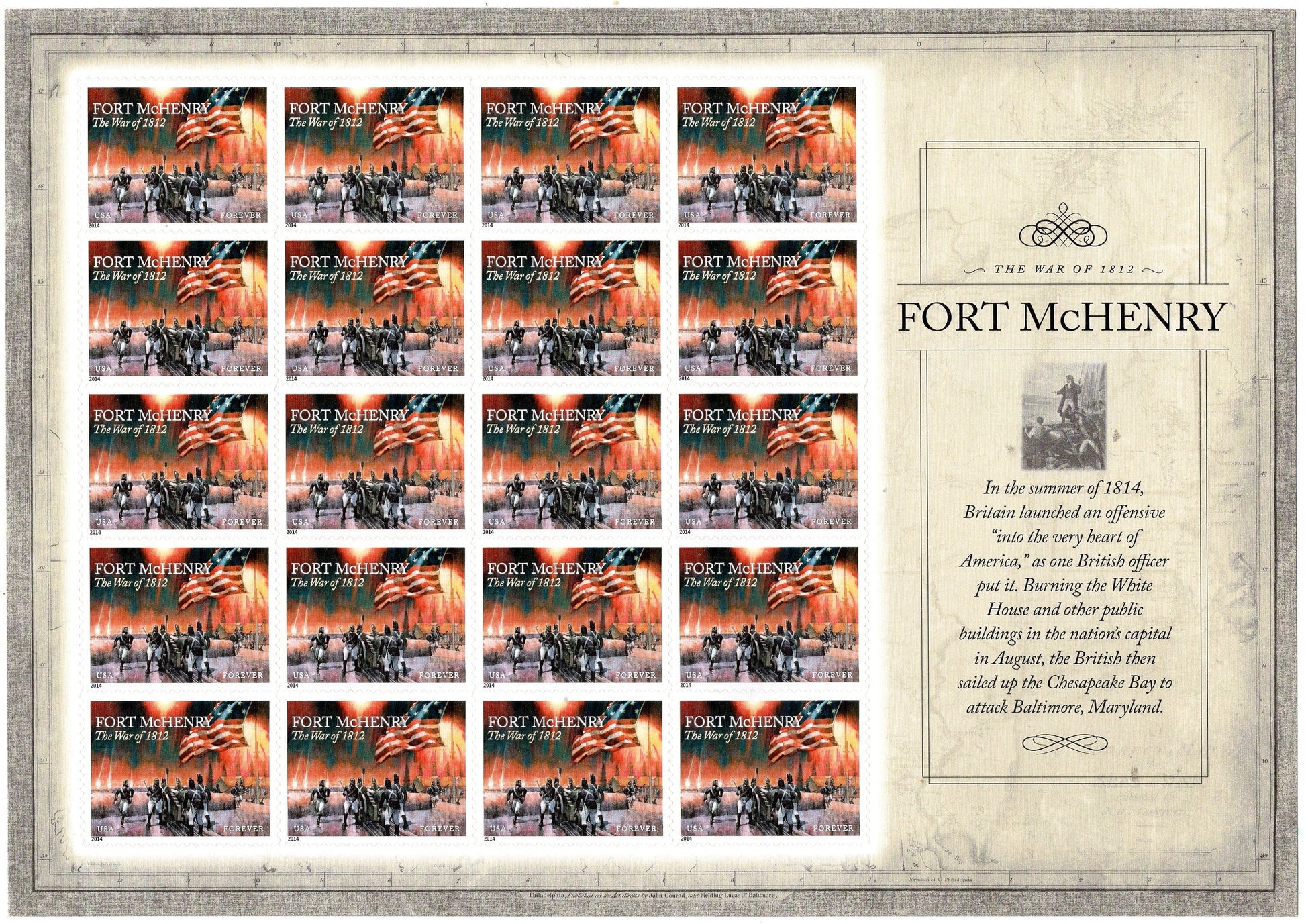 FORT McHENRY BOMBARDMENT Francis Key War of 1812 Decorative Sheet of 20 Flag Painting