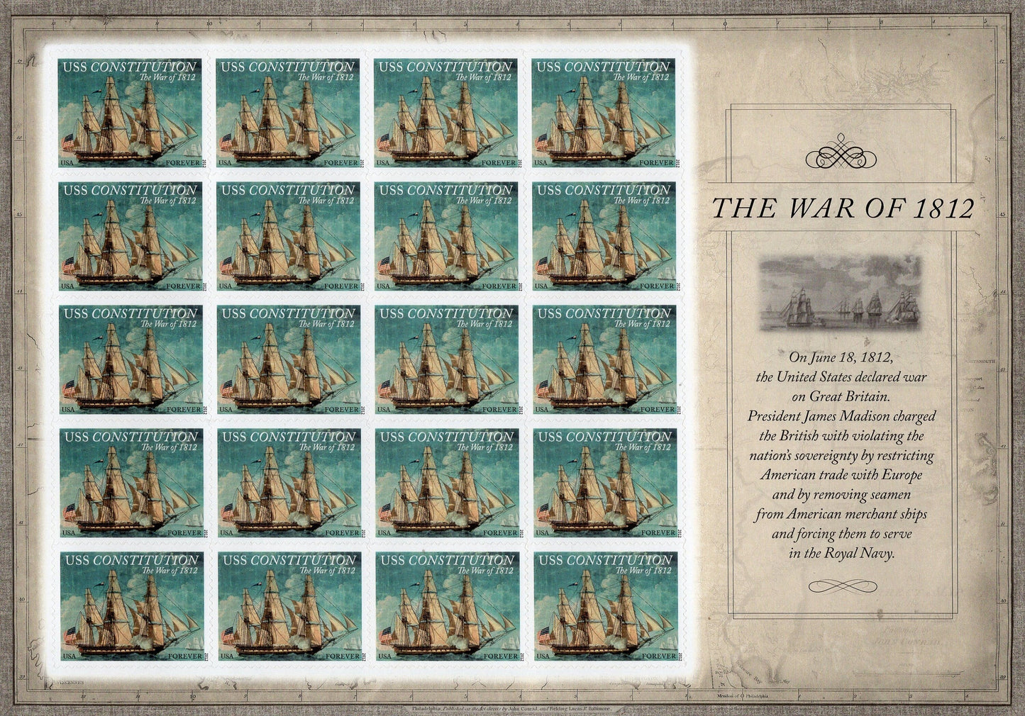 USS CONSTITUTION SHIP War of 1812 Decorative Sheet of 20 Painting