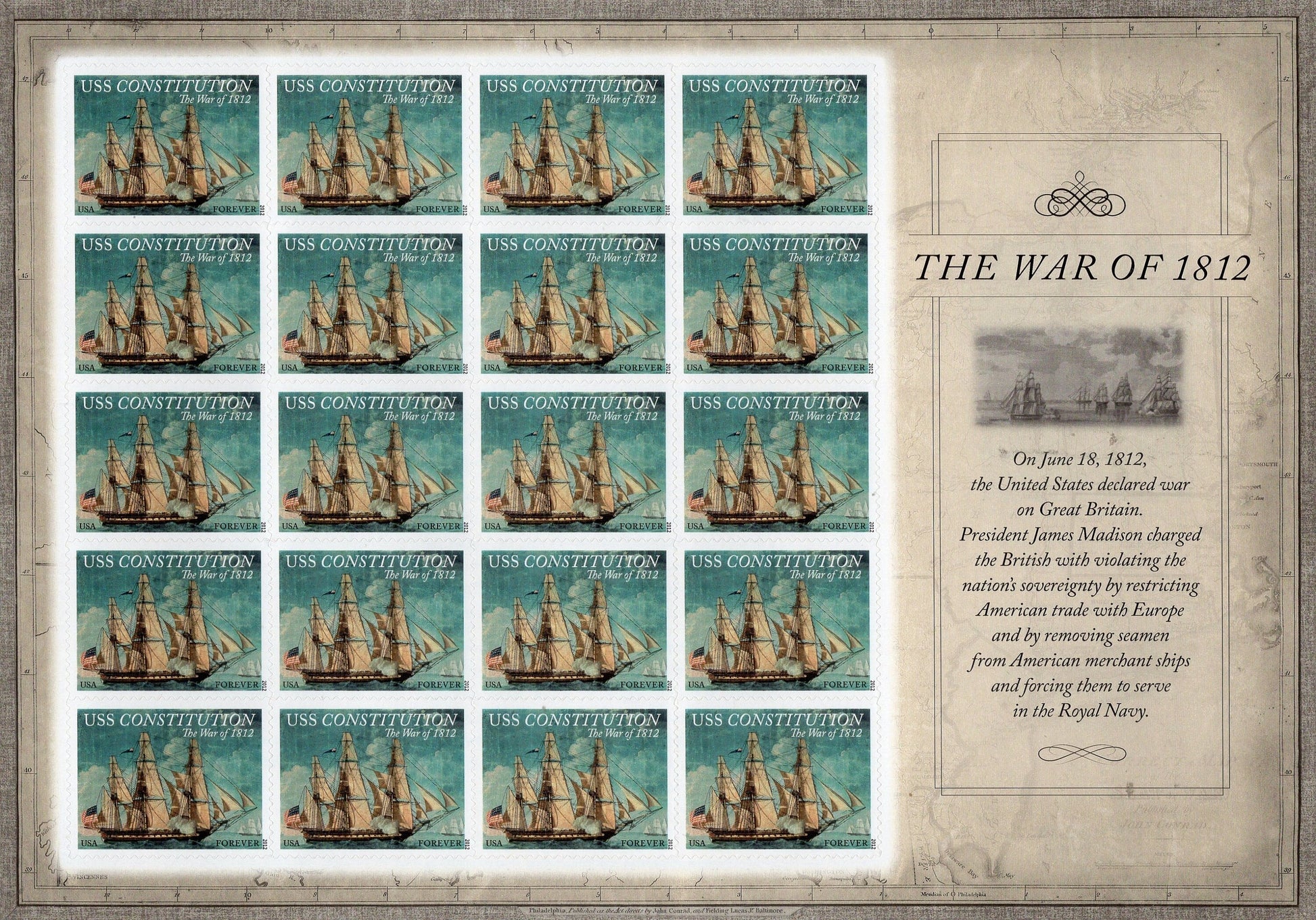 USS CONSTITUTION SHIP War of 1812 Decorative Sheet of 20 Painting