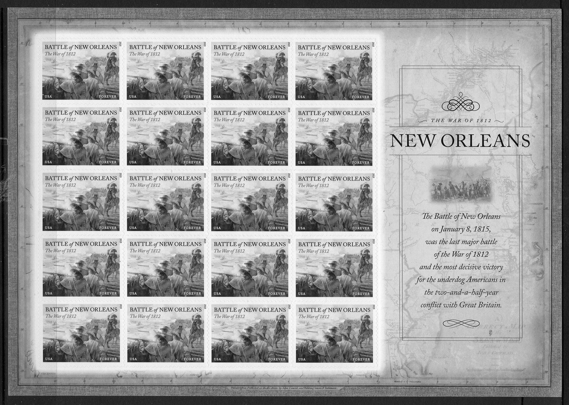 BATTLE of NEW ORLEANS War of 1812 Jackson Decorative Sheet of 20 Flag Painting
