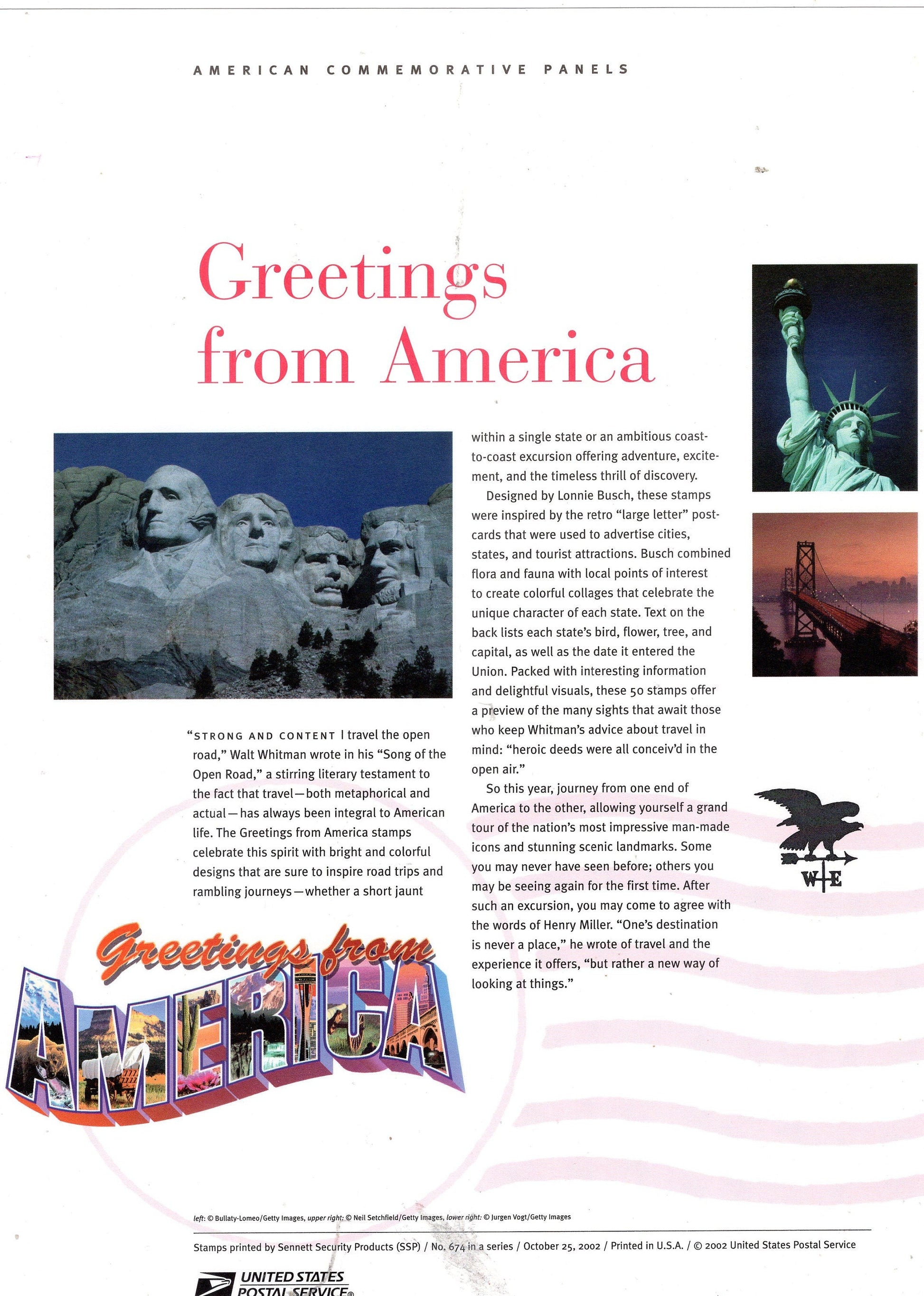 GREETINGS FROM AMERICA RUSHMORe Two Commemorative Panels w/ Sheet of 50